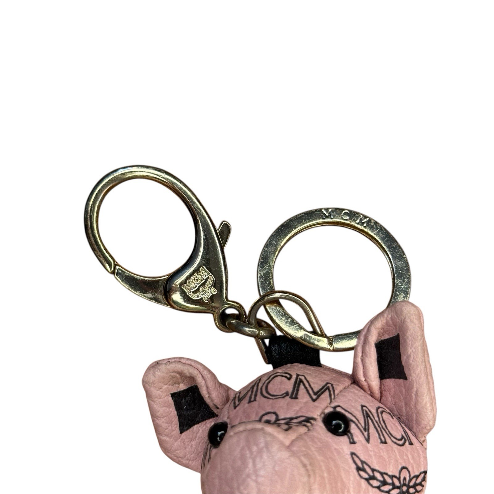 MCM Pink Leather Pig Key Chain Bag Charm Clip, Logo Pattern, Gold Tone