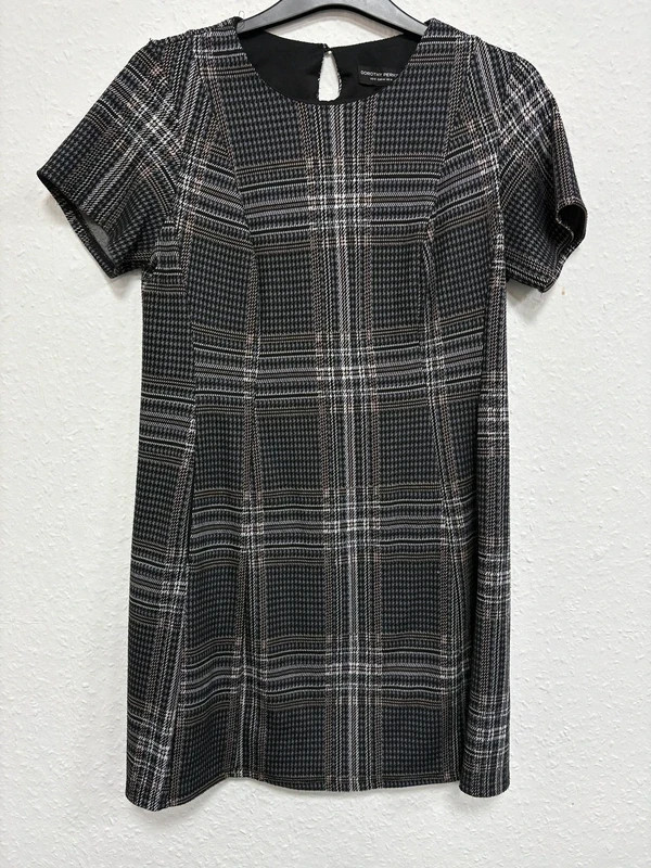 Dorothy Perkins Grey Check Shift Dress UK 16 Short Sleeve Stretch Lined 2197