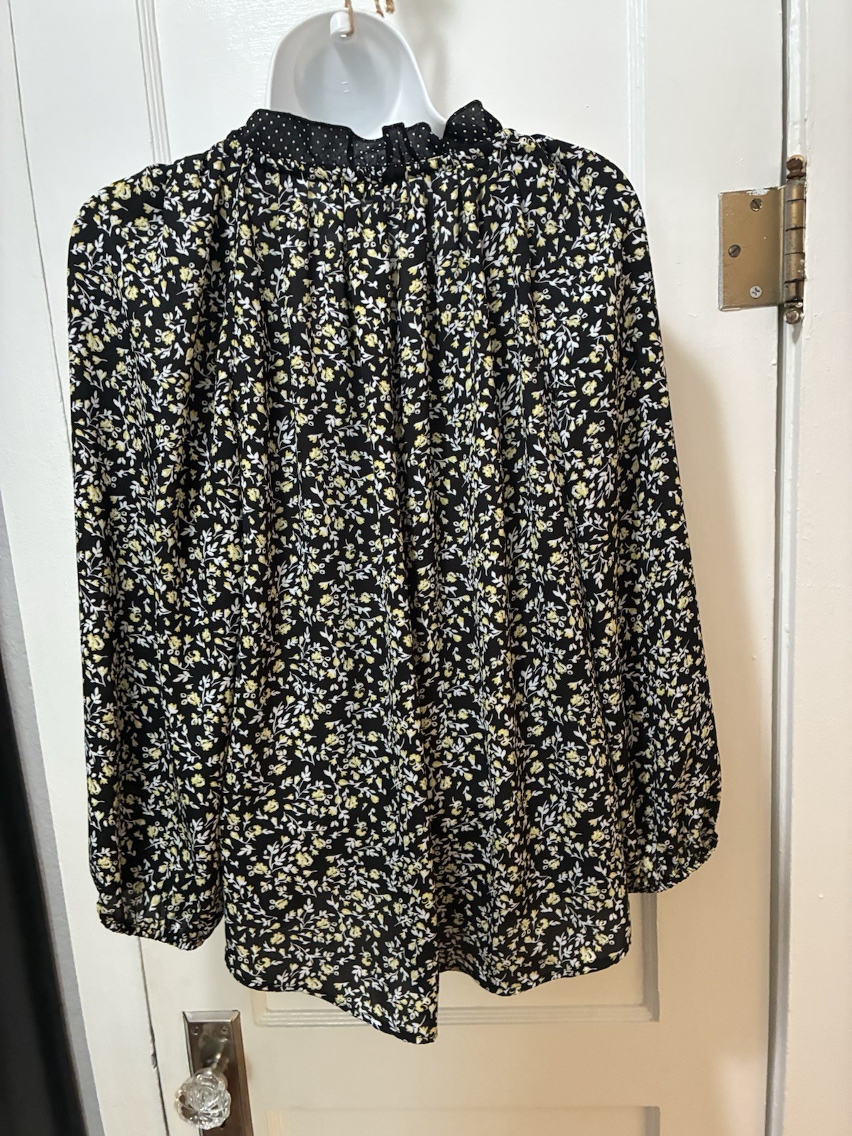 DALIA Patchwork Floral Polka Dot Ruffle Black Yellow Peasant Blouse Boho Top L