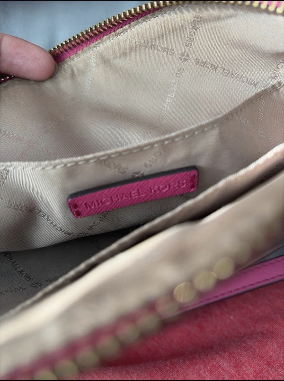 Michael Kors Pink Logo Zip Crossbody Bag Gold Chain Detachable Strap Small