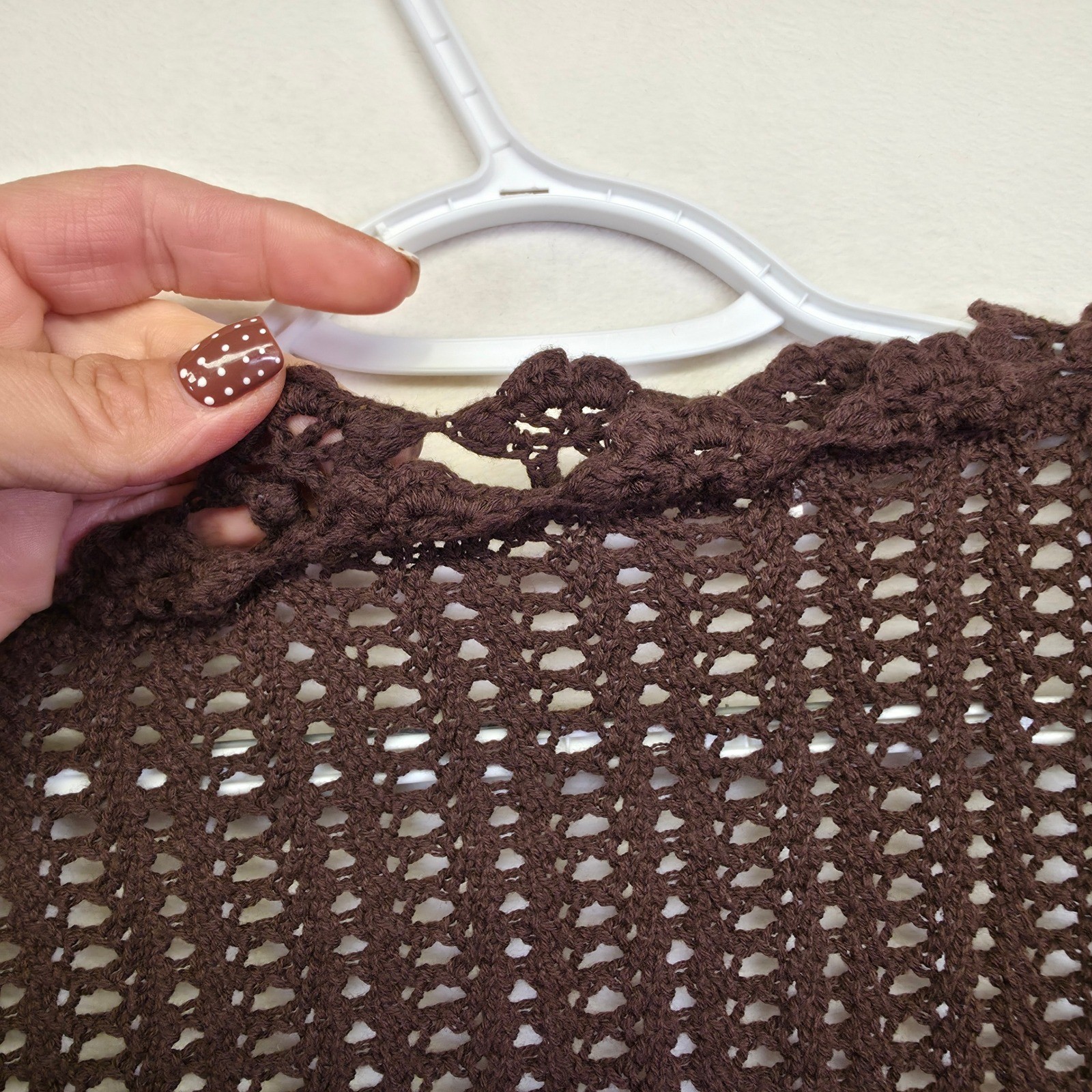 Crochet Knit Cardigan Womens L Brown Open Ruffle Ribbed Layering Lounge Sweater