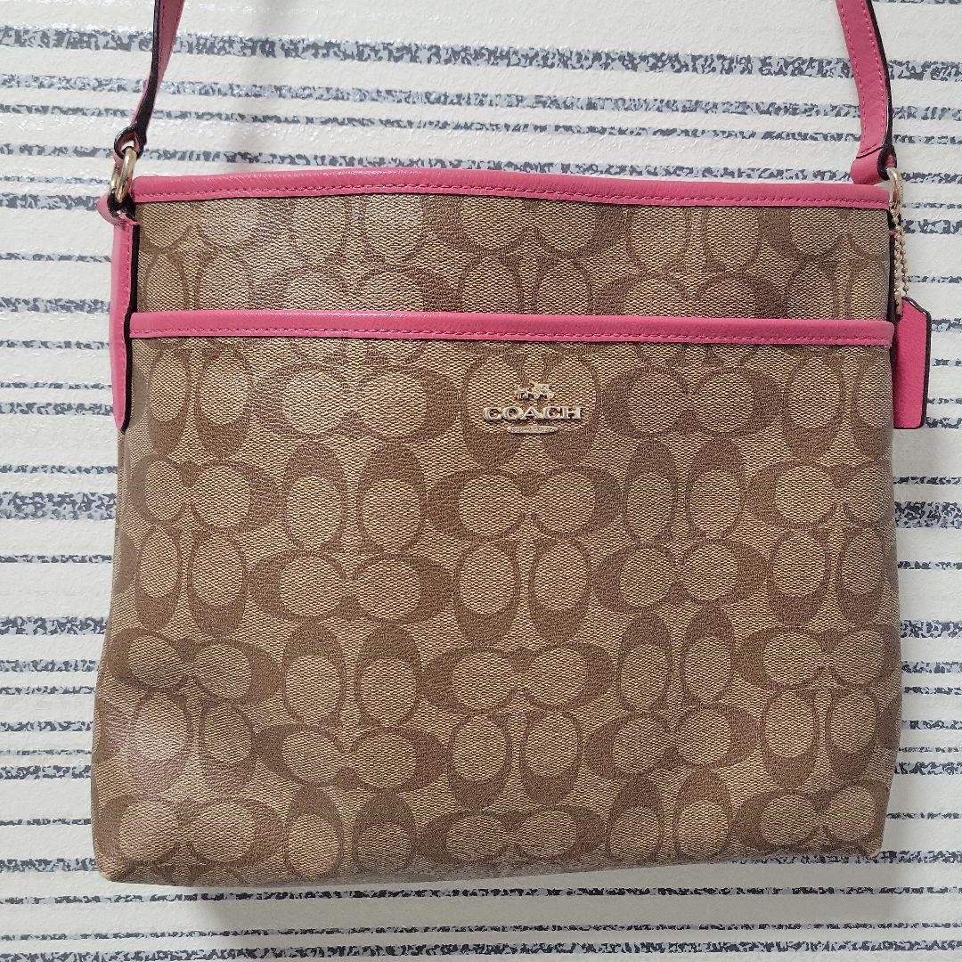 COACH Logo Pattern Shoulder Bag Beige Pink Synthetic Fiber Women’s Crossbody