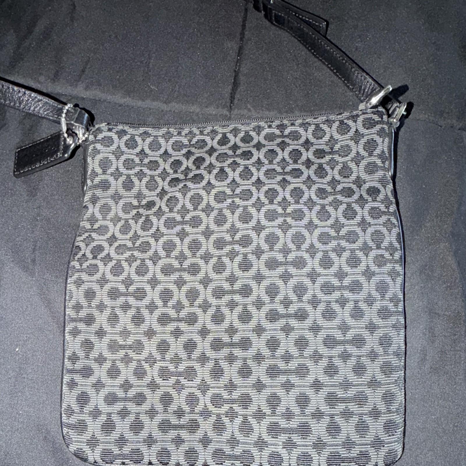 Coach Gray Black Logo Pattern Crossbody Bag Zip Closure Adjustable Strap Silver