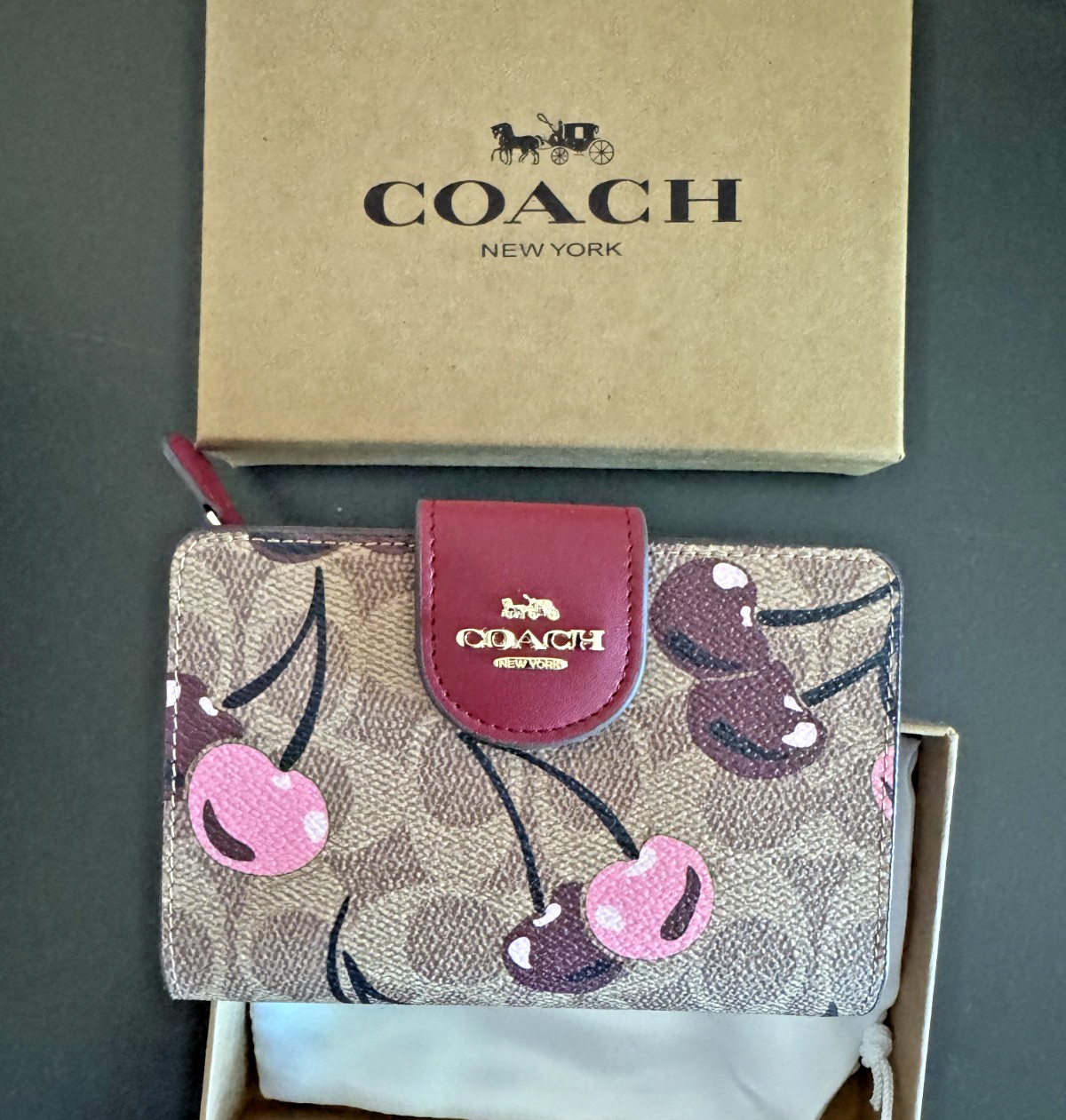 NEW Coach Med Corner Zip Wallet Clutch CZ342 Brown Signature Canvas Cherry Print