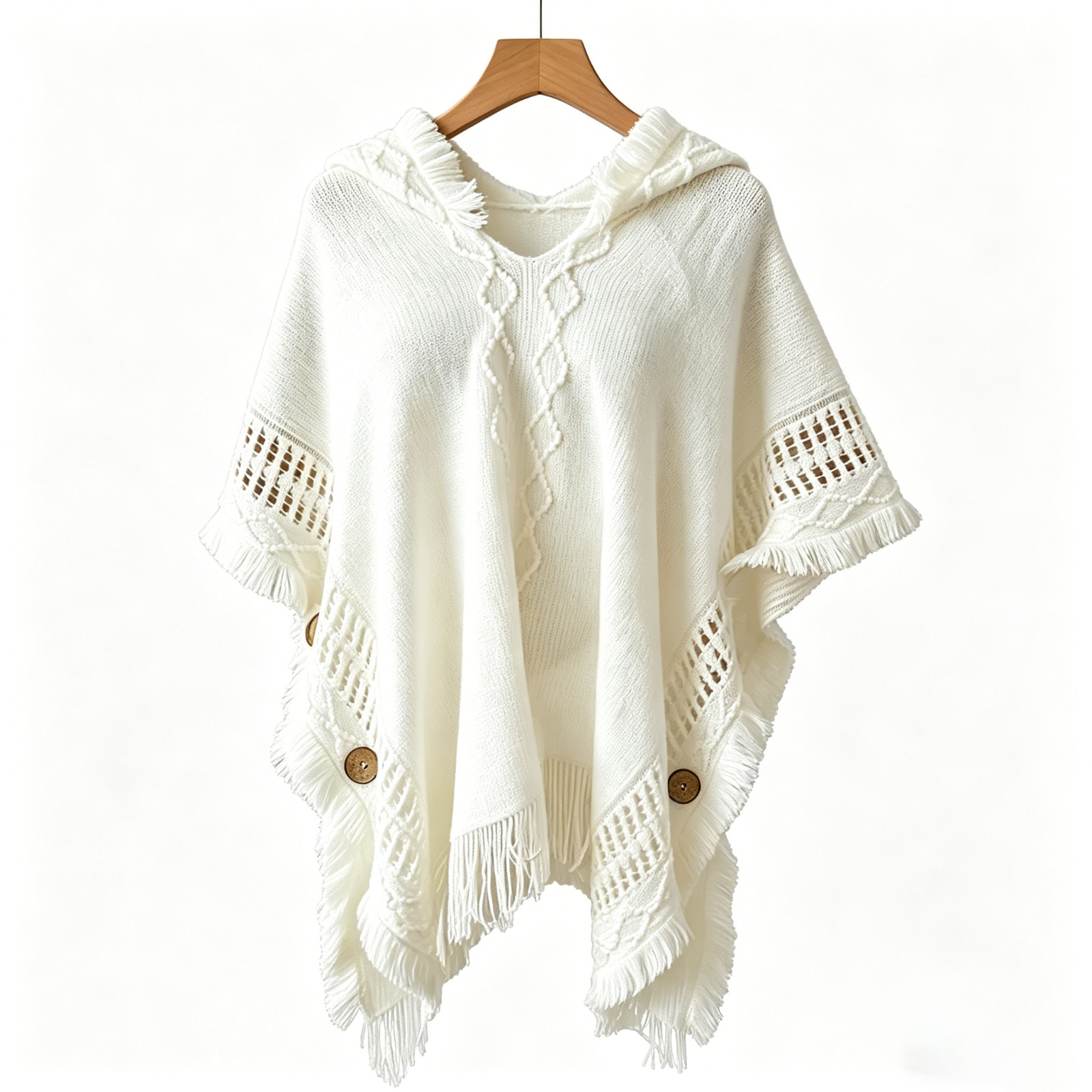 Off White Hooded Fringe Poncho Wrap for Travel Party Casual Use