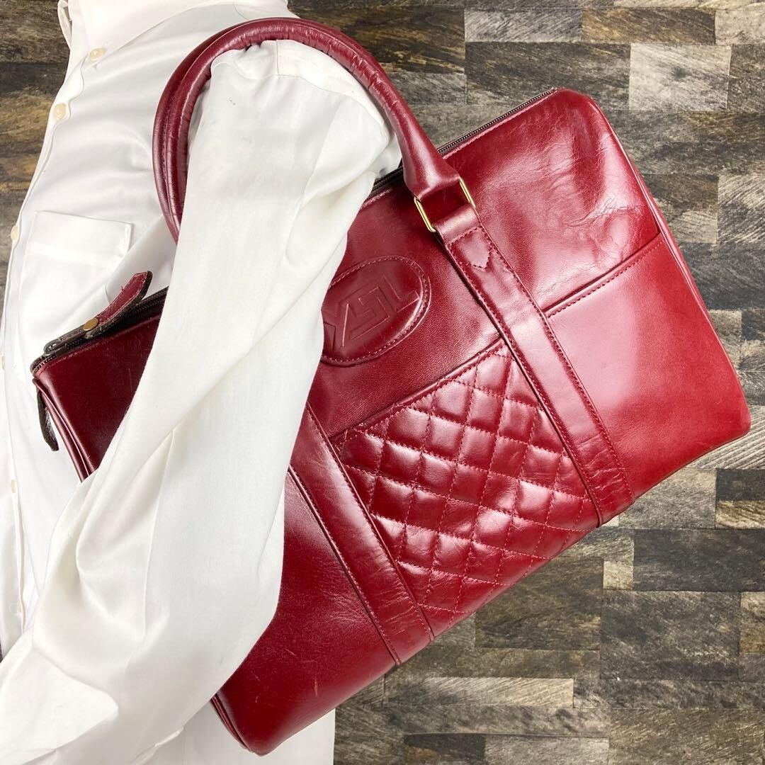 YVES SAINT LAURENT Boston bag Leather Red Vintage Authentic From Japan
