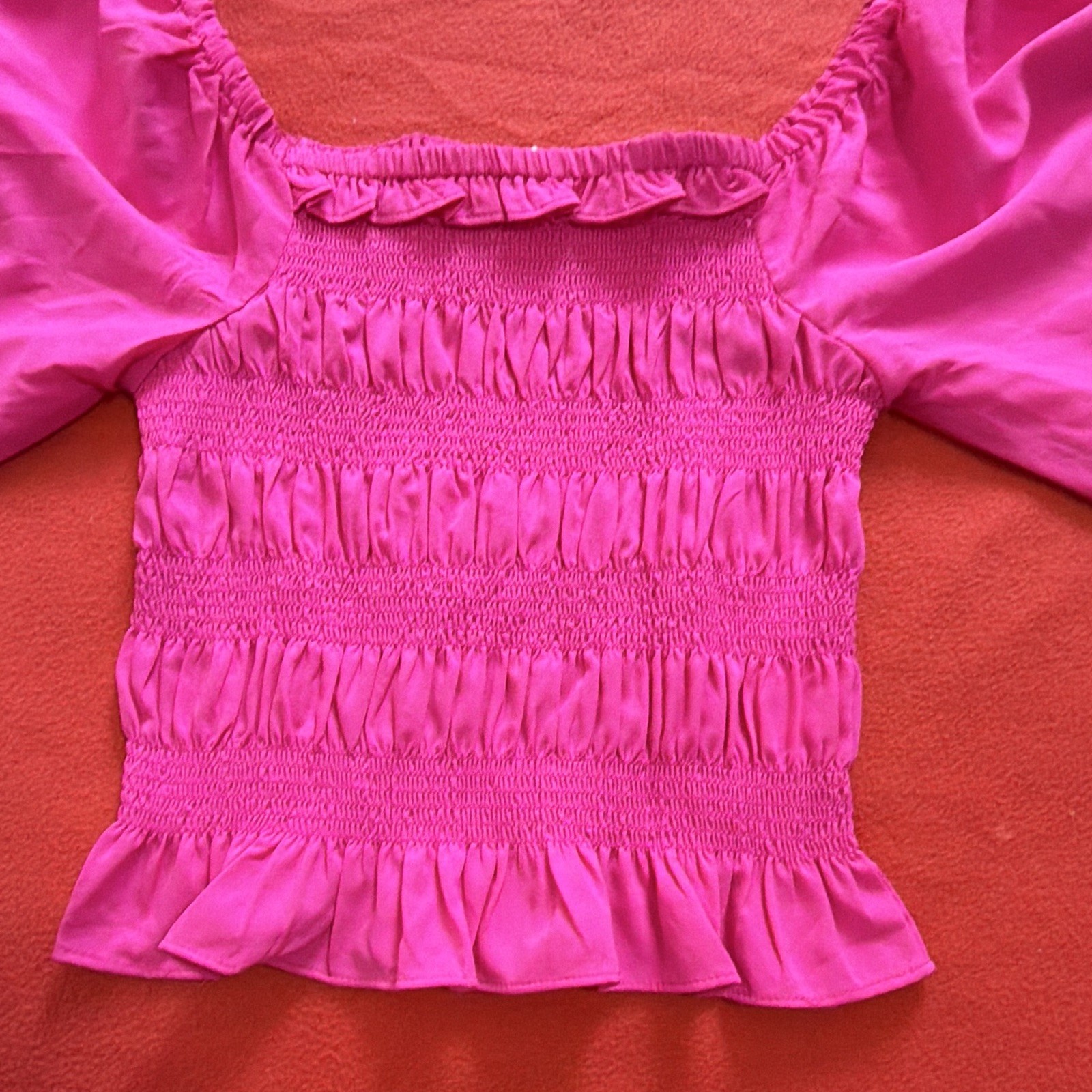 Wishing Waves Pink Solid Off Shoulder Puff Sleeve Smocked Cropped Blouse S