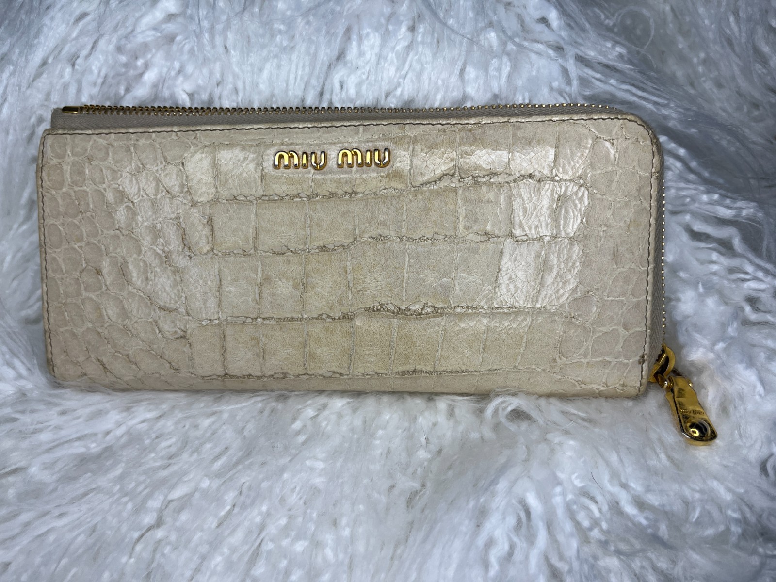 Miu Miu Beige Croc Embossed Zip Clutch Wallet