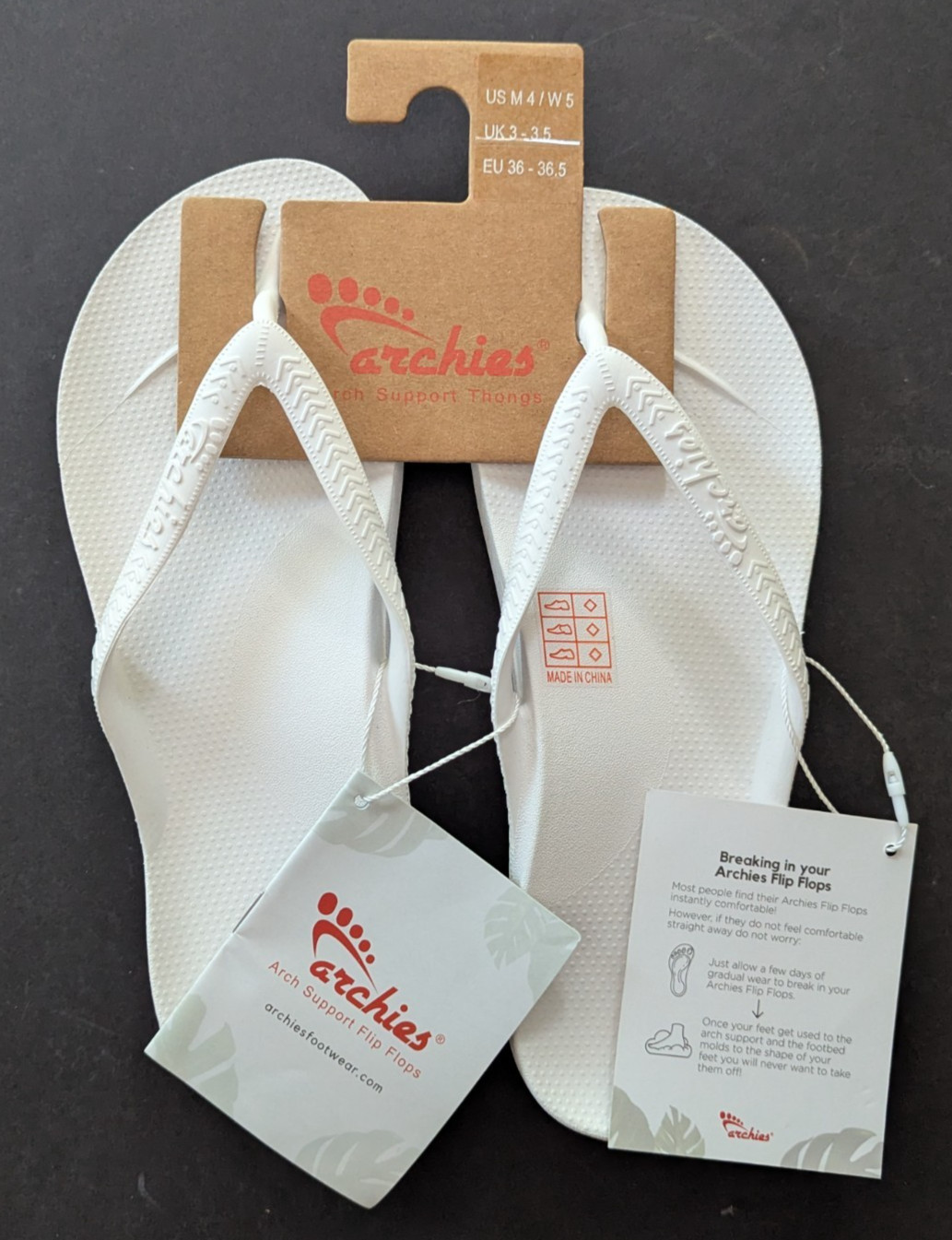 Archies Arch Support Thong Flip Flops White NWT Unisex Mens size 4 Womens size 5