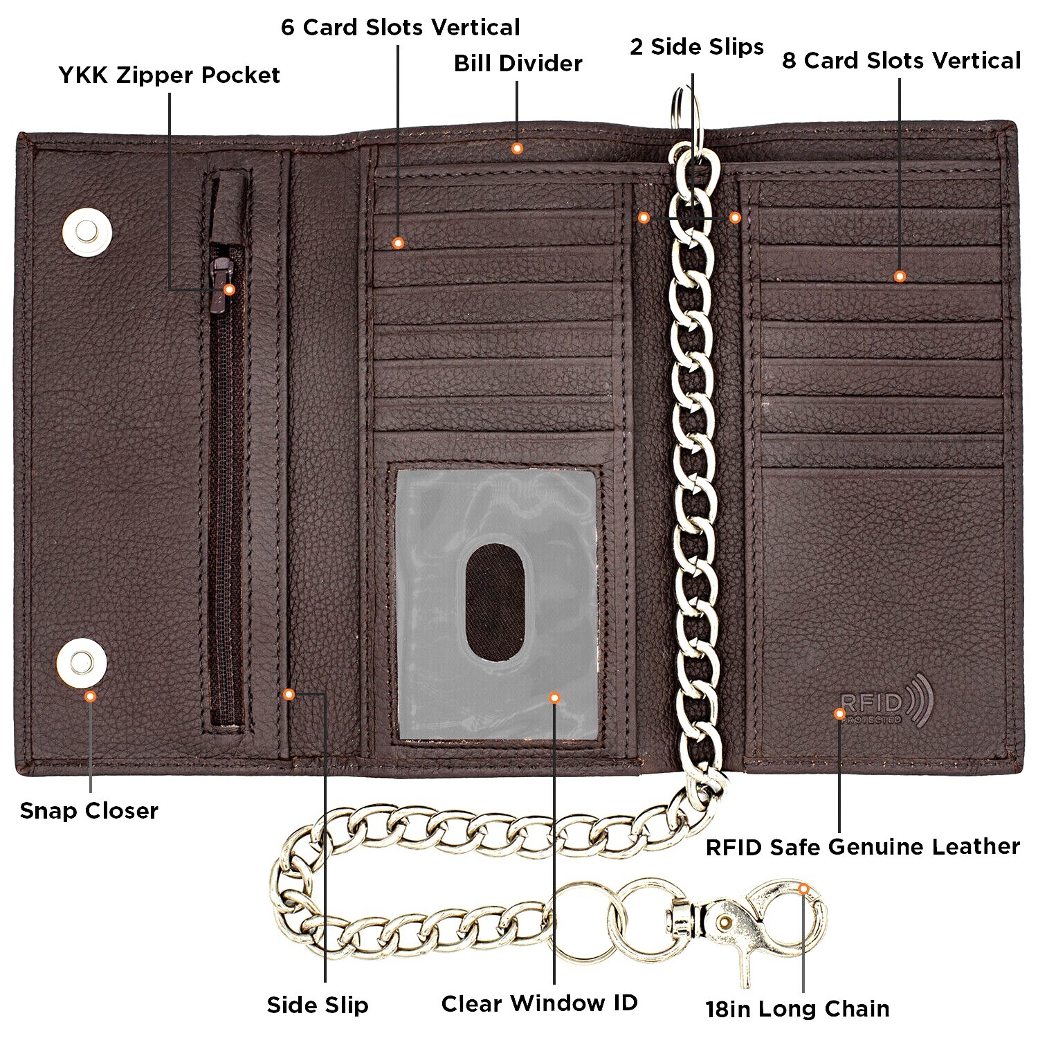 RFID Blocking Leather Trifold Chain Wallet for Men with Snap Tall Biker Trucker