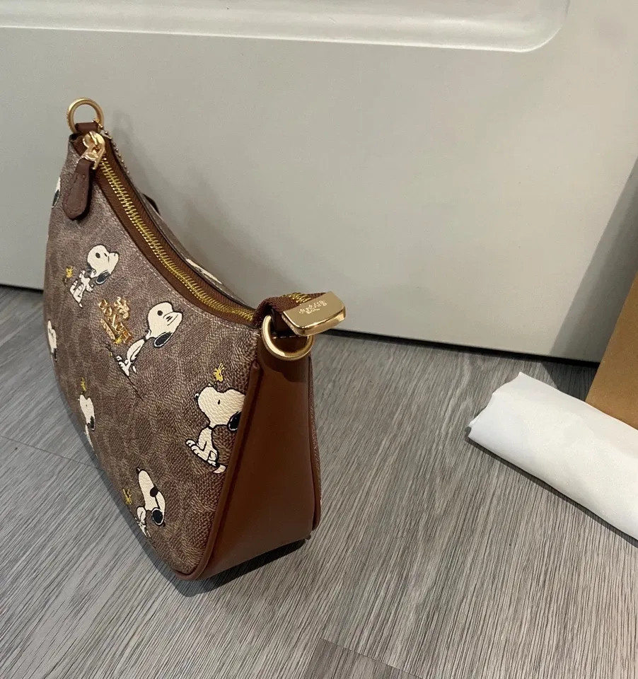 COACH x PEANUTS Teri Shoulder Bag Tan Brown Snoopy Print Signature Canvas CBJ88