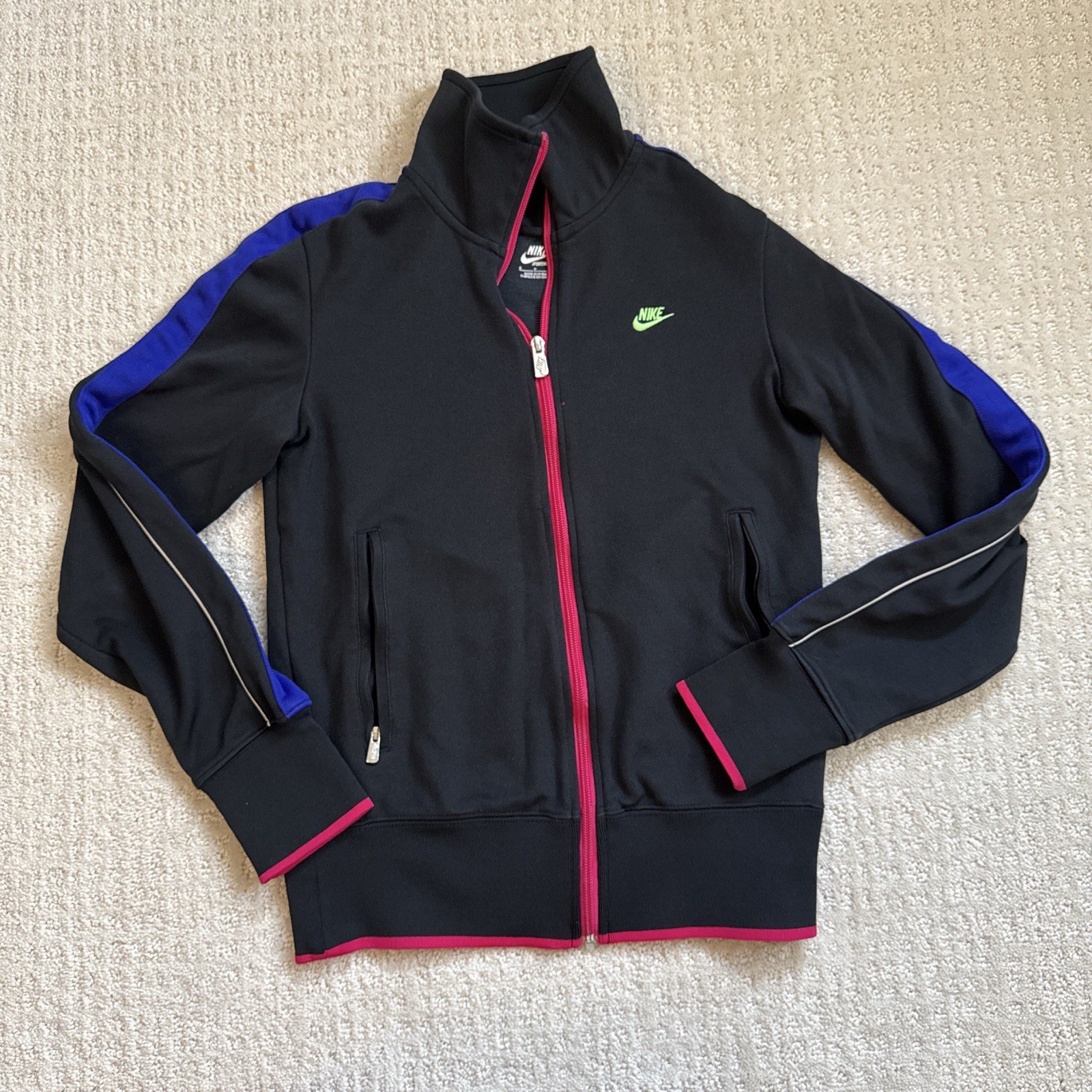 Nike Sportswear Zip Up Jacket Black Neon Nike Swosh Zip Pocket Blue Accent Womns