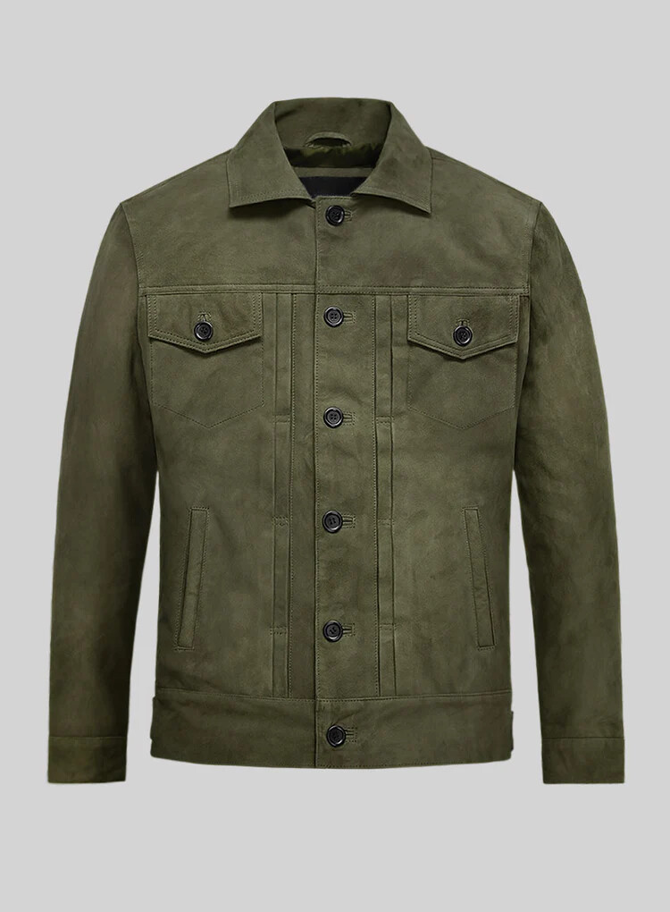 Men’s Olive Green Trucker 100% Real Suede Leather Button Coat Denim Style Jacket