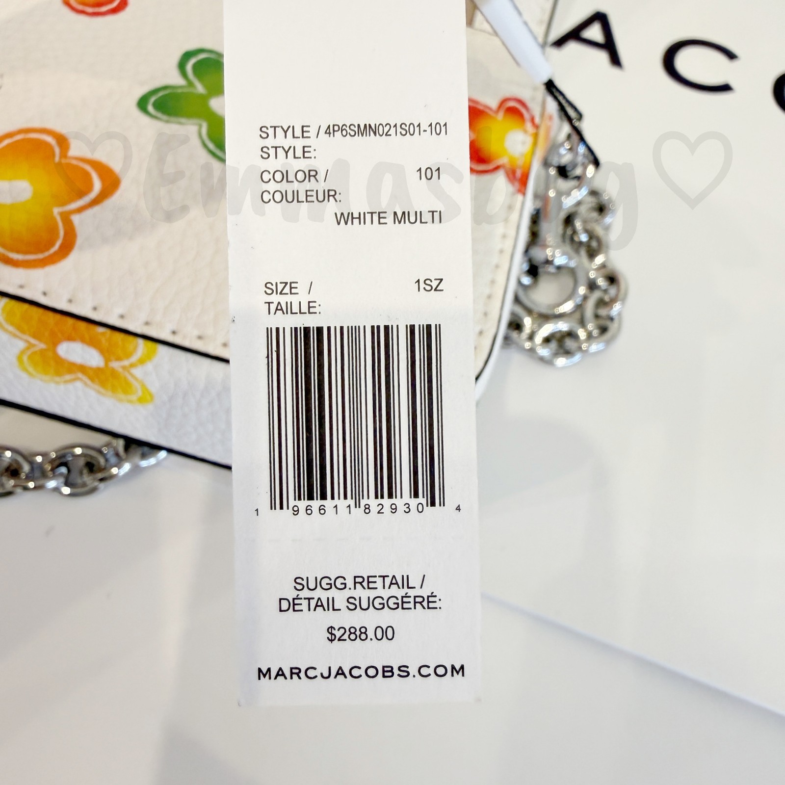 Marc Jacobs Mini Chain Bag 4P6SMN021S01 White Multi $288 Flower Print