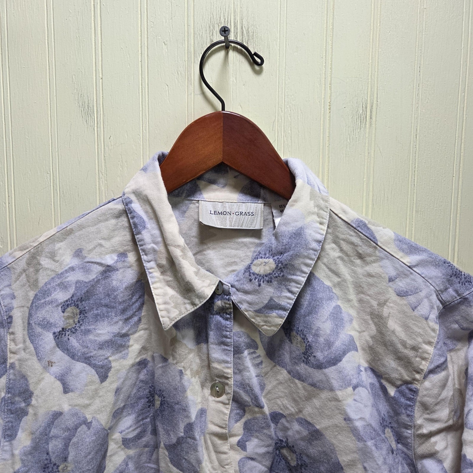 Lemon Grass Button Up Shirt Womens L Blue Collared Short Sleeve Floral Top