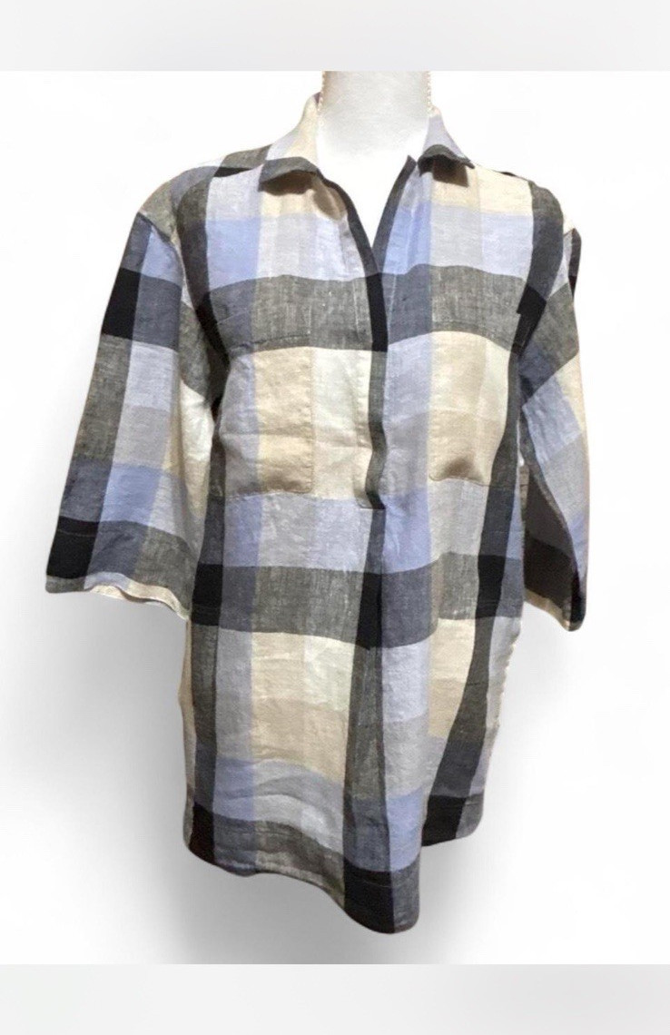 Luxury Lafayette 148 New York Plaid Linen Tunic Shirt – Size M