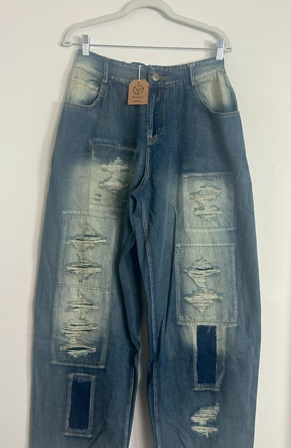 A Rare Bird Women Distressed Patchwork Grunge Elastic Waist Denim Jeans NWT