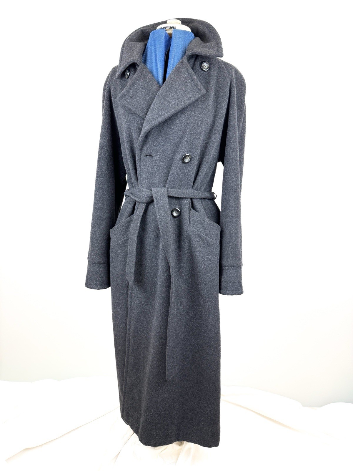 Vintage 90s BHS Virgin Wool Angora Maxi Coat Charcoal Grey Belted Overcoat UK14
