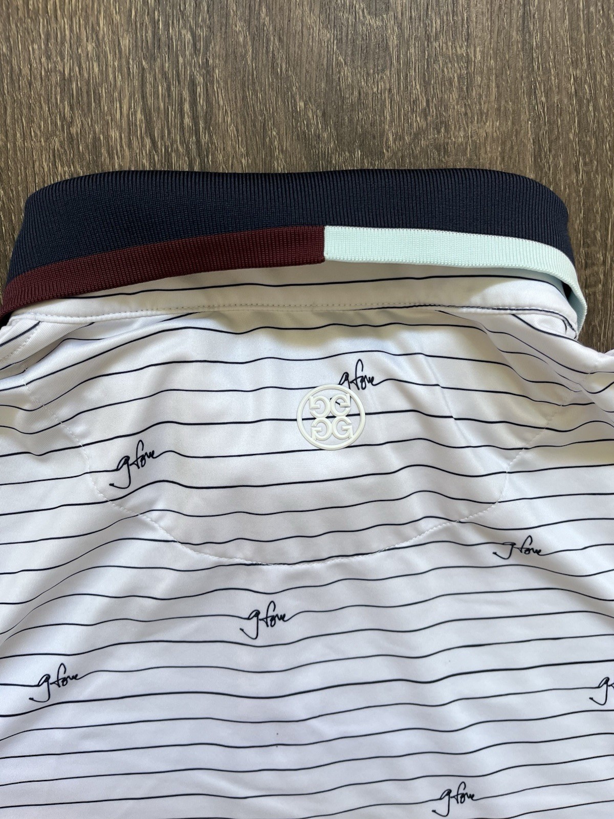 G/Fore G4 Golf Shirt Polo Striped Signature Print M White Polyester MSRP $120