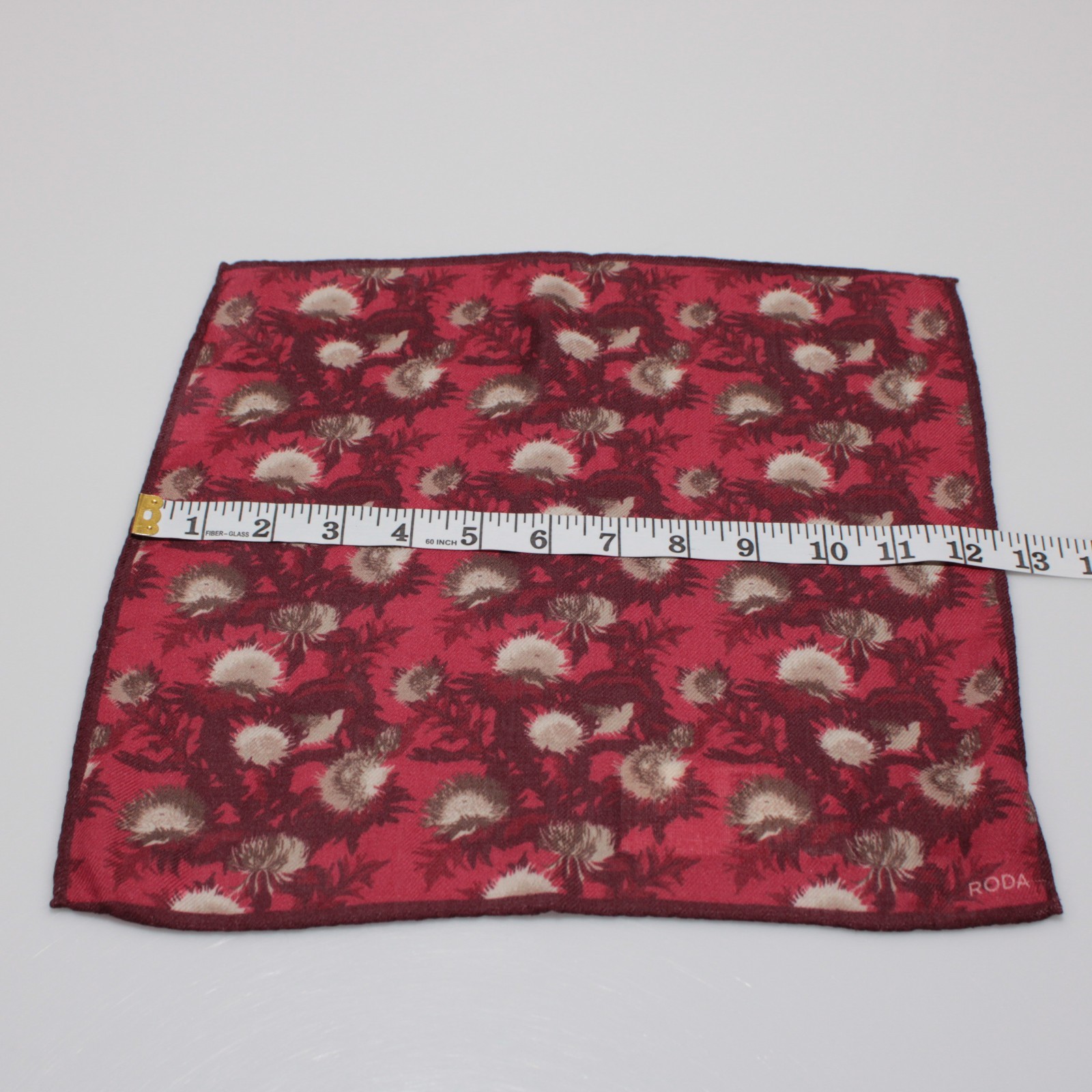 Roda NWT Wool / Silk Blend Pocket Square In Red / Cream / Brown Floral Print