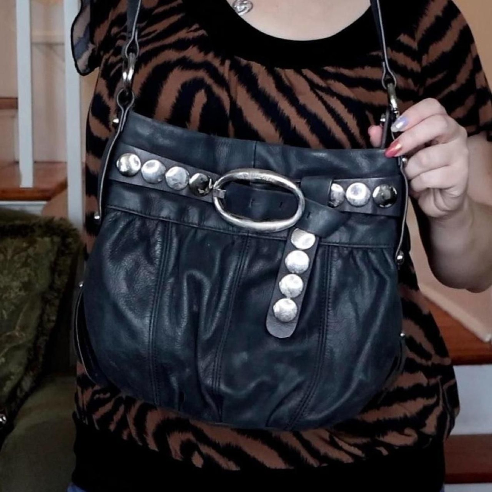 Genuine Leather B Makowsky Siver Studs Black Bag Long Strap Crososbody Indie Alt