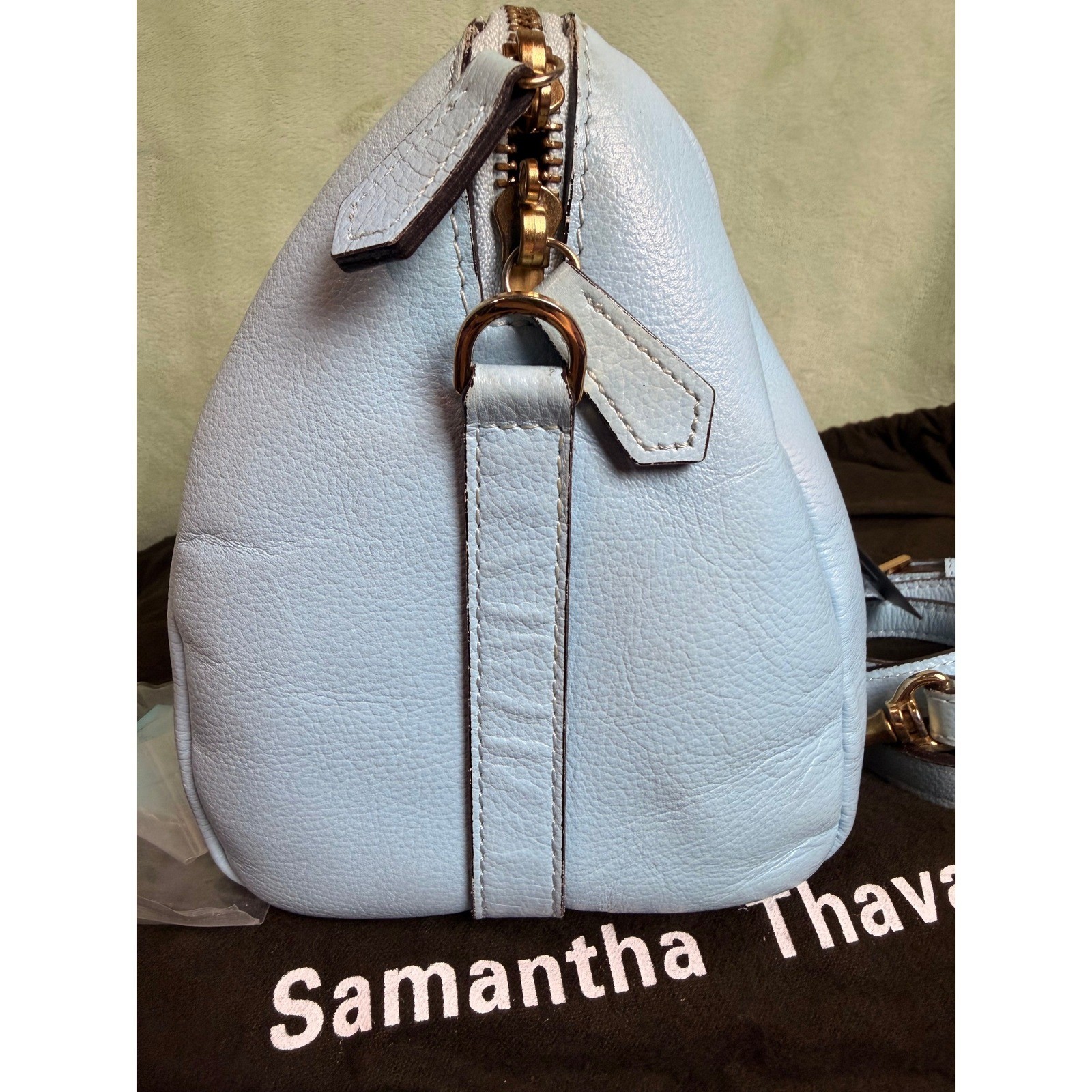 Samantha Thavasa Light Blue Pebbled Leather Satchel Bag with Gold Hardware