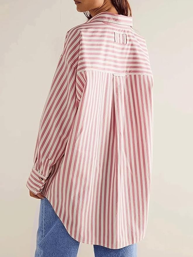 Women’s Dressy Striped Button Up Shirts Collared Long Sleeve Blouse Casual