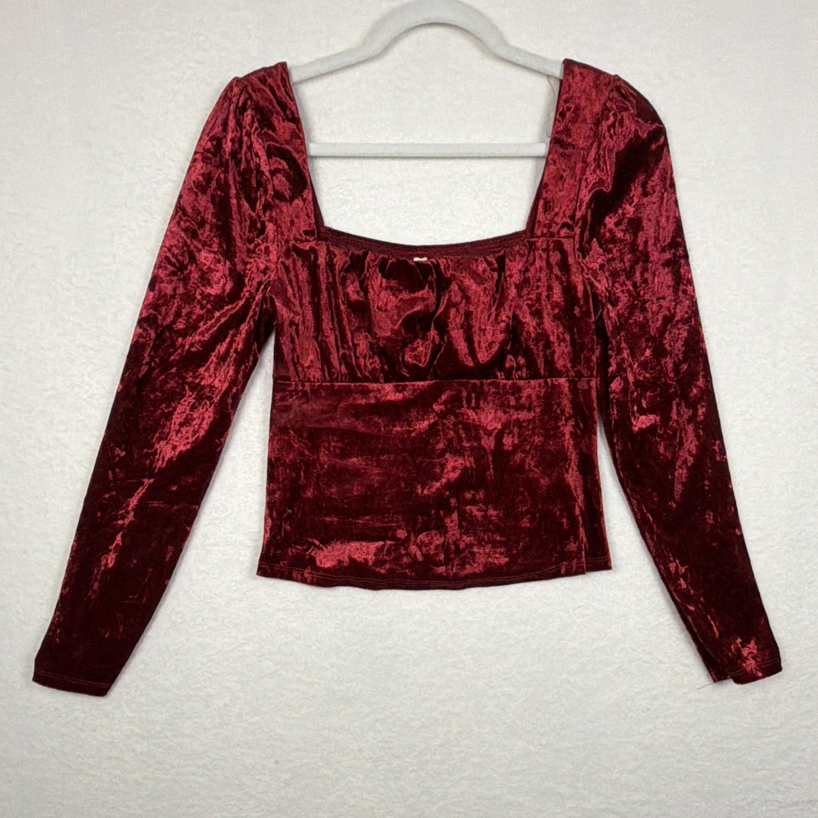 Kingston Grey Red Crushed Velvet Square Neck Long Sleeve Crop Top Gothic M
