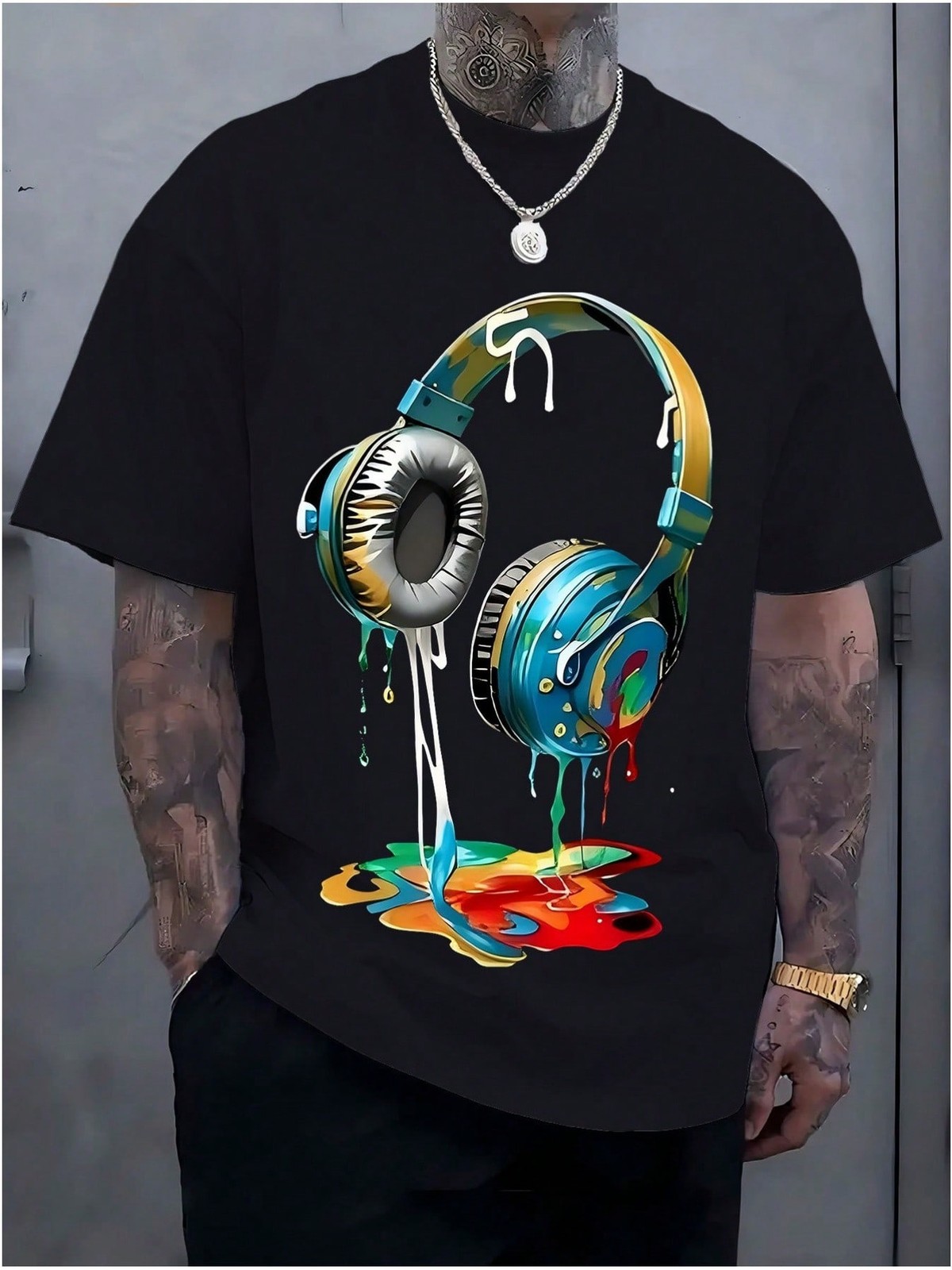 Men’s Cotton T-Shirt With Vibrant Headphone Graphic Print Casual Street Style