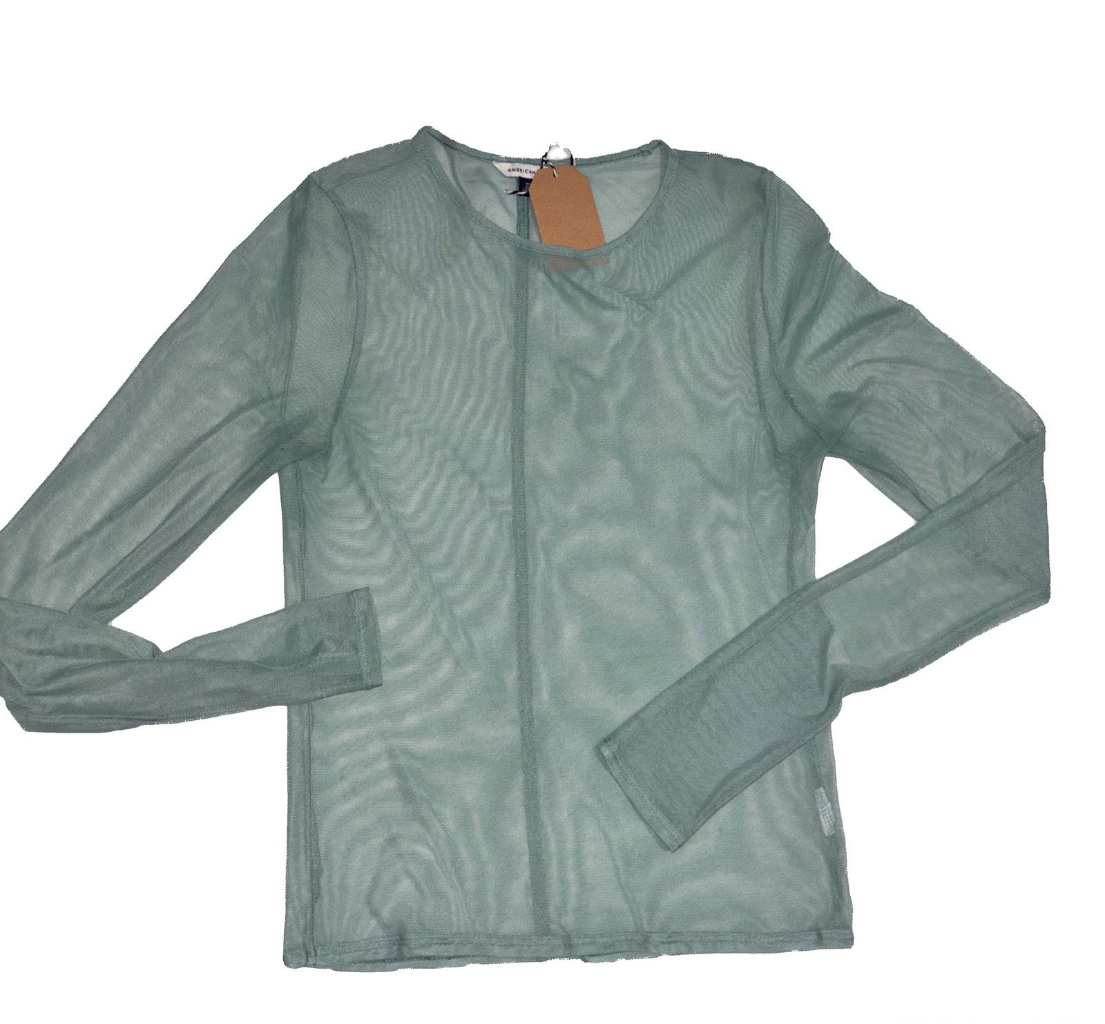 American Eagle Women’s Green Sheer Mesh Long Sleeve Round Neck Top Size M