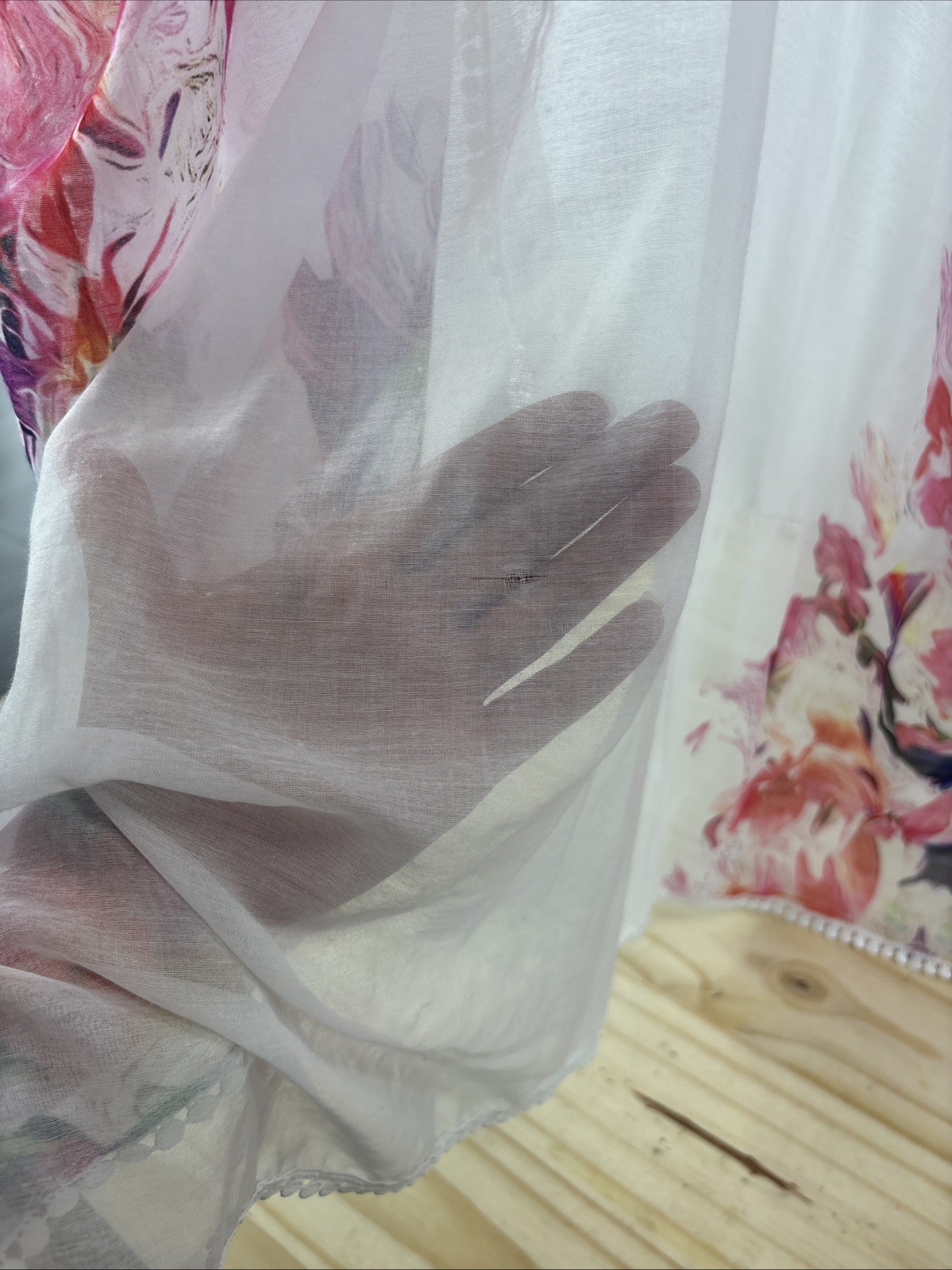 Womens Sheer Floral Kimono Cover Up White Watercolor Open Front Beach Swim OS