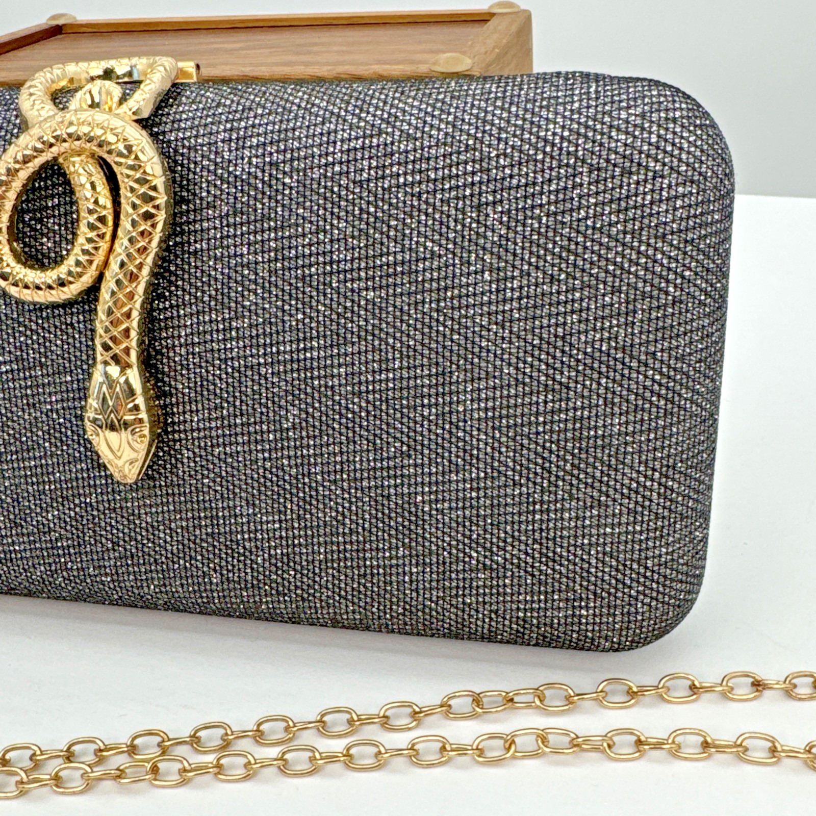 Silver Sparkle Crystal Evening Purse Clutch Gold Snake Clasp Square Bag Chain