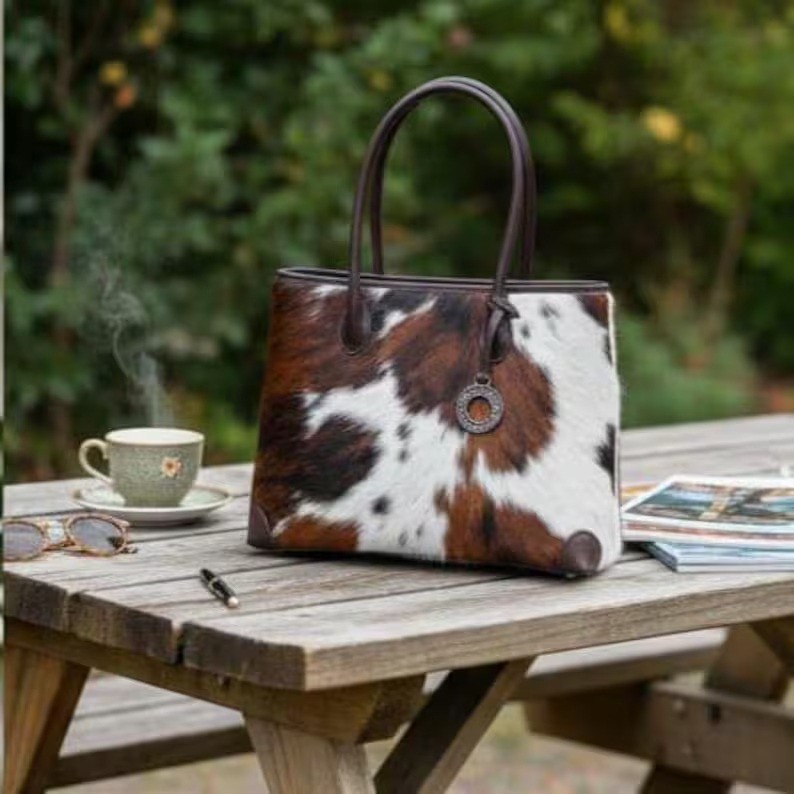 Handmade Genuine Cowhide Leather Tote Bag – Brown & White Hair On Leather Should