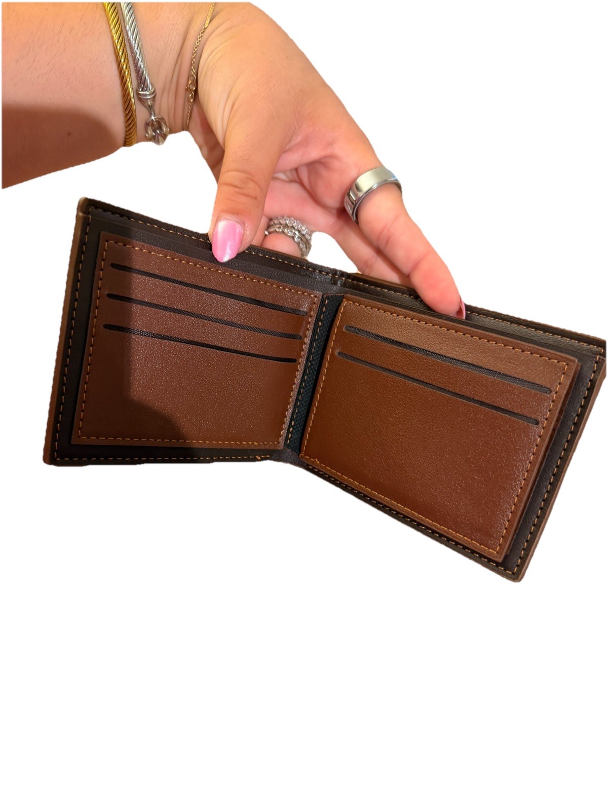 Men’s Brown Bifold Wallet Solid Stitched Credit Card Slots ID Window