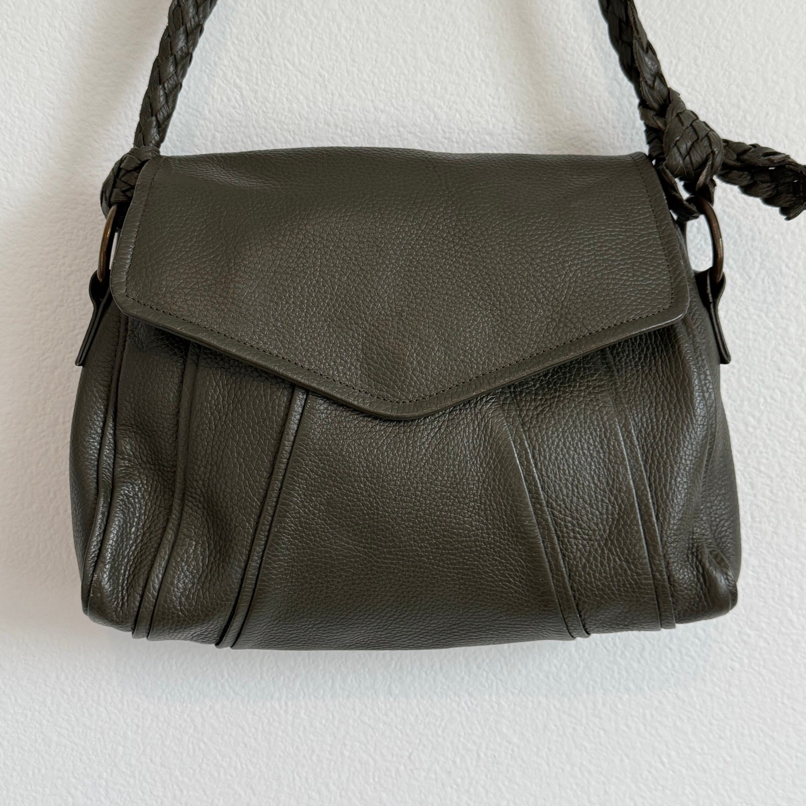 Falor Pebbled Leather Shoulder Bag Artisanal Green Boho Braided Strap Made Italy