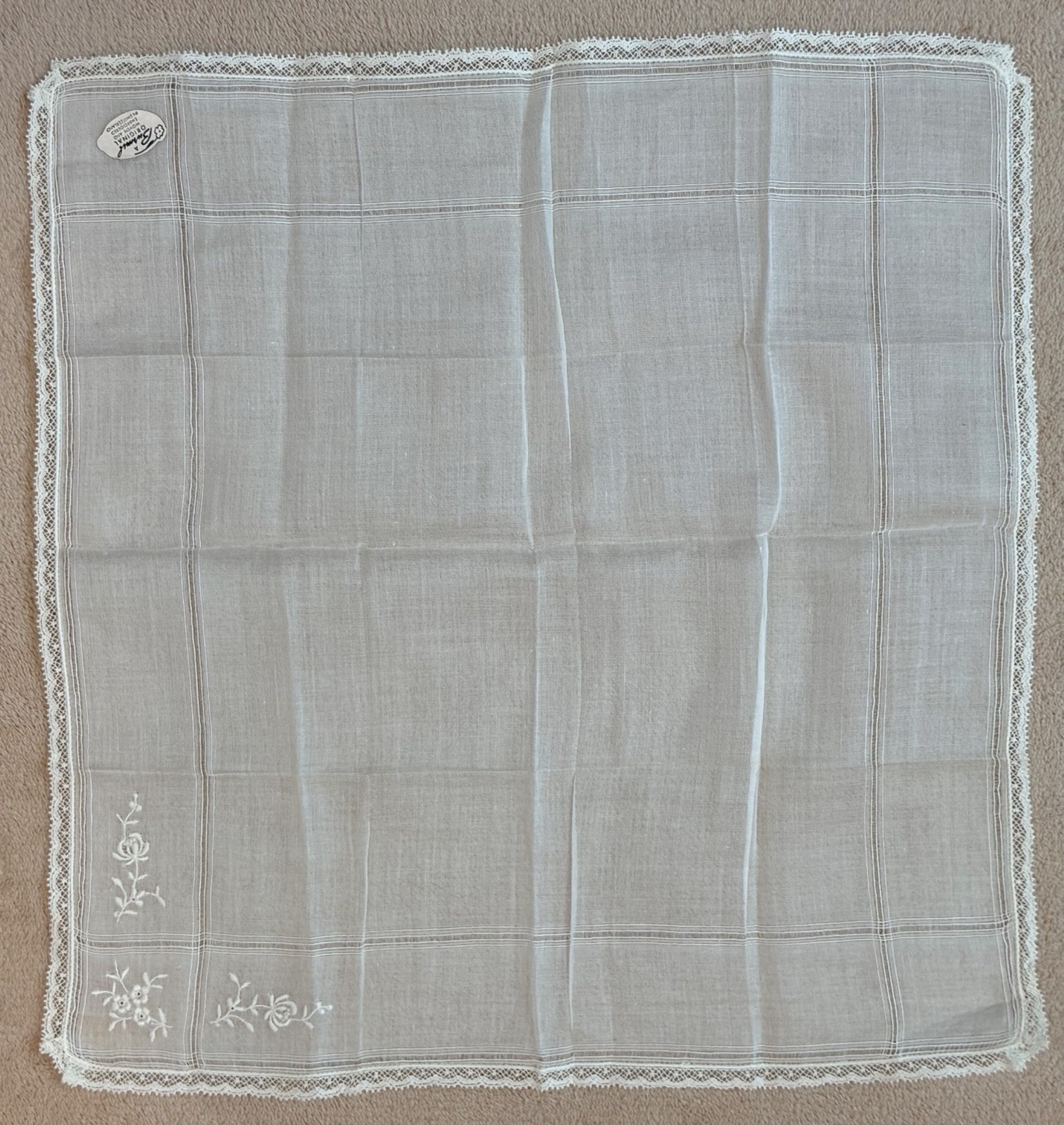 Vintage White Burmel Handkerchief Woven & Embroidered Flowers Switzerland 12.75”