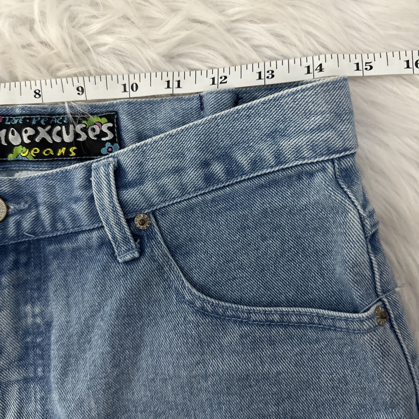 No Excuses Vintage Love Peace Denim shorts High Rise 11/12 View Measurements