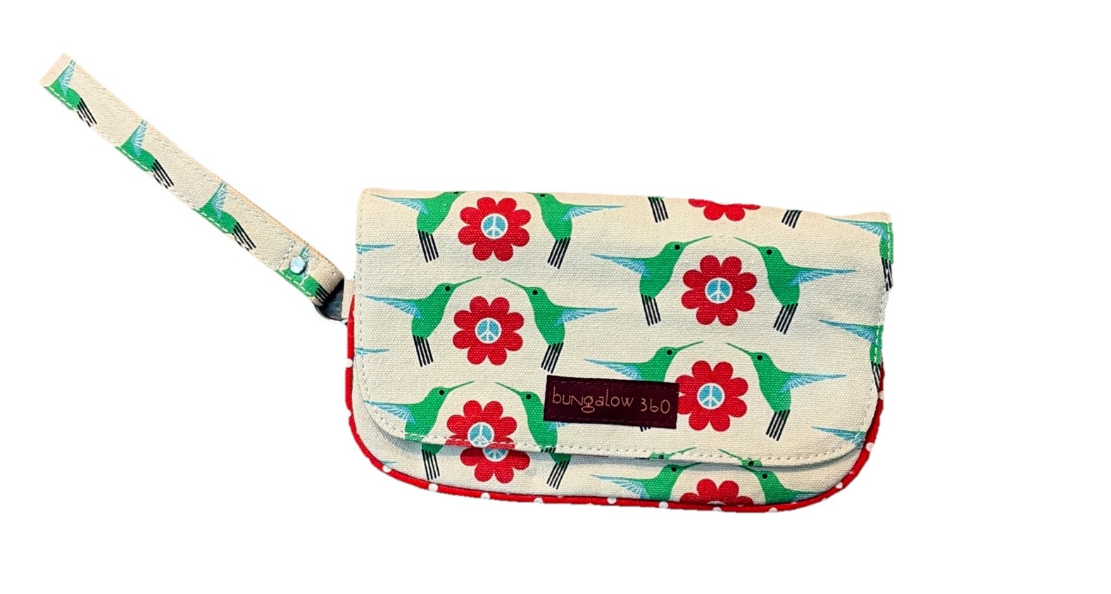 Bungalow 360 Green Hummingbird & Red Flower Print Peace Wristlet Bag Purse