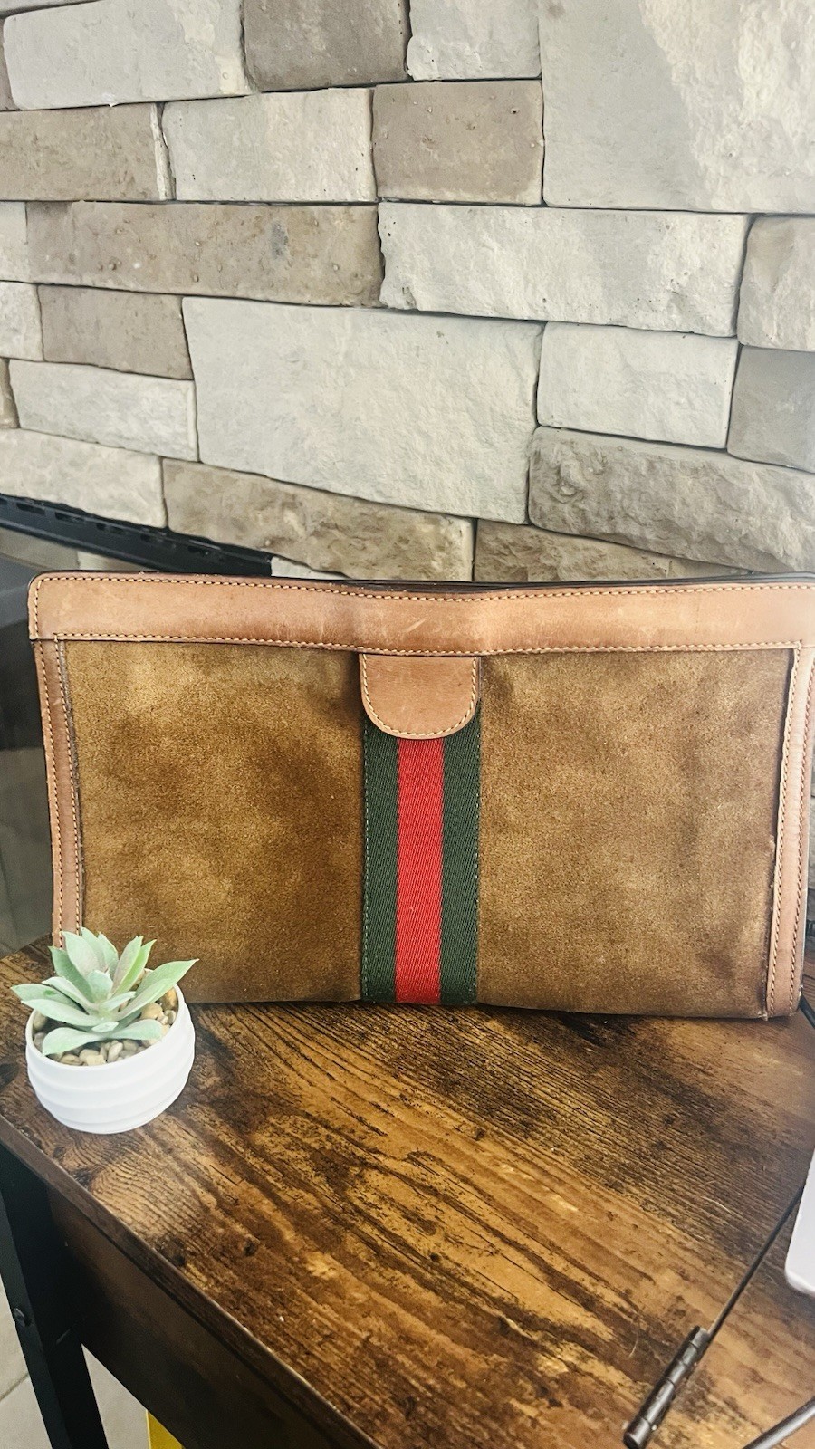 Vintage Gucci Brown Suede Portfolio Clutch Web Stripe GG Monogram Lining Italy