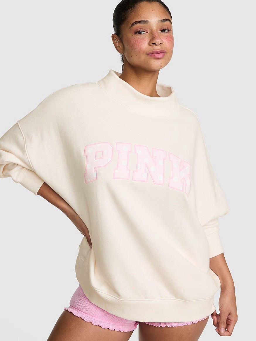 Victoria’s Secret PINK White Pink Polka Dot Mock Neck Pullover Sweatshirt XS-XL