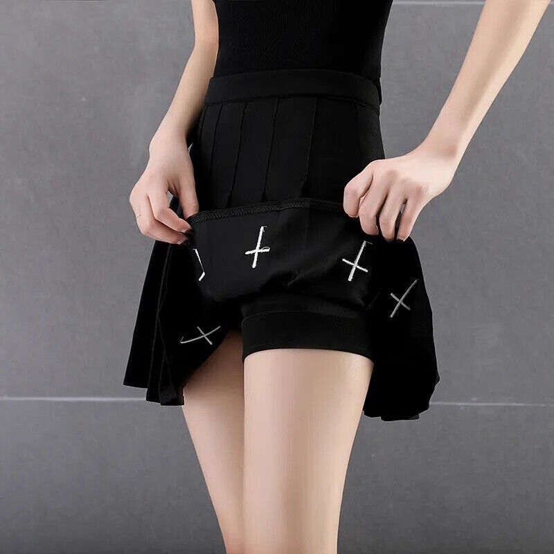 High Waist Mini Skirts Punk Pleated Skirt Gothic Streetwear Cross Print Pleated