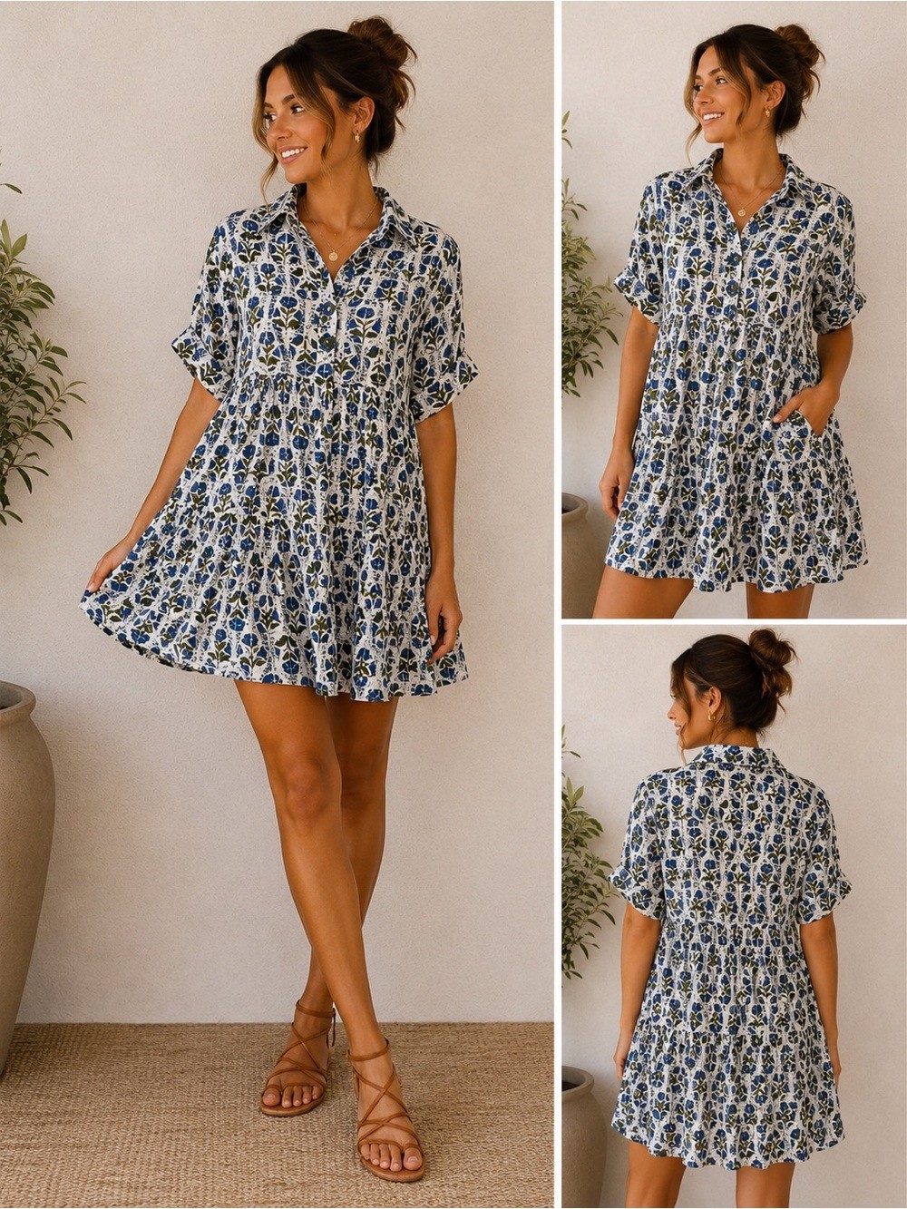 THML Blue Floral Block Print Tiered Mini Dress Metallic Lurex Collared Size M
