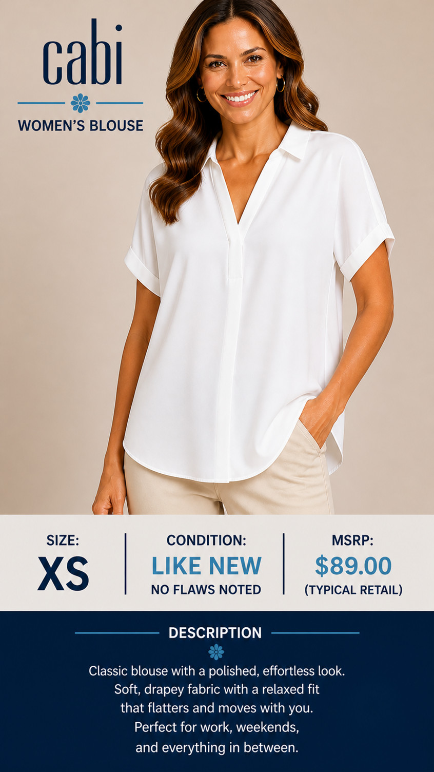 1-36 CAbi Womens XS White Split Neck Short Sleeve Blouse Career Top