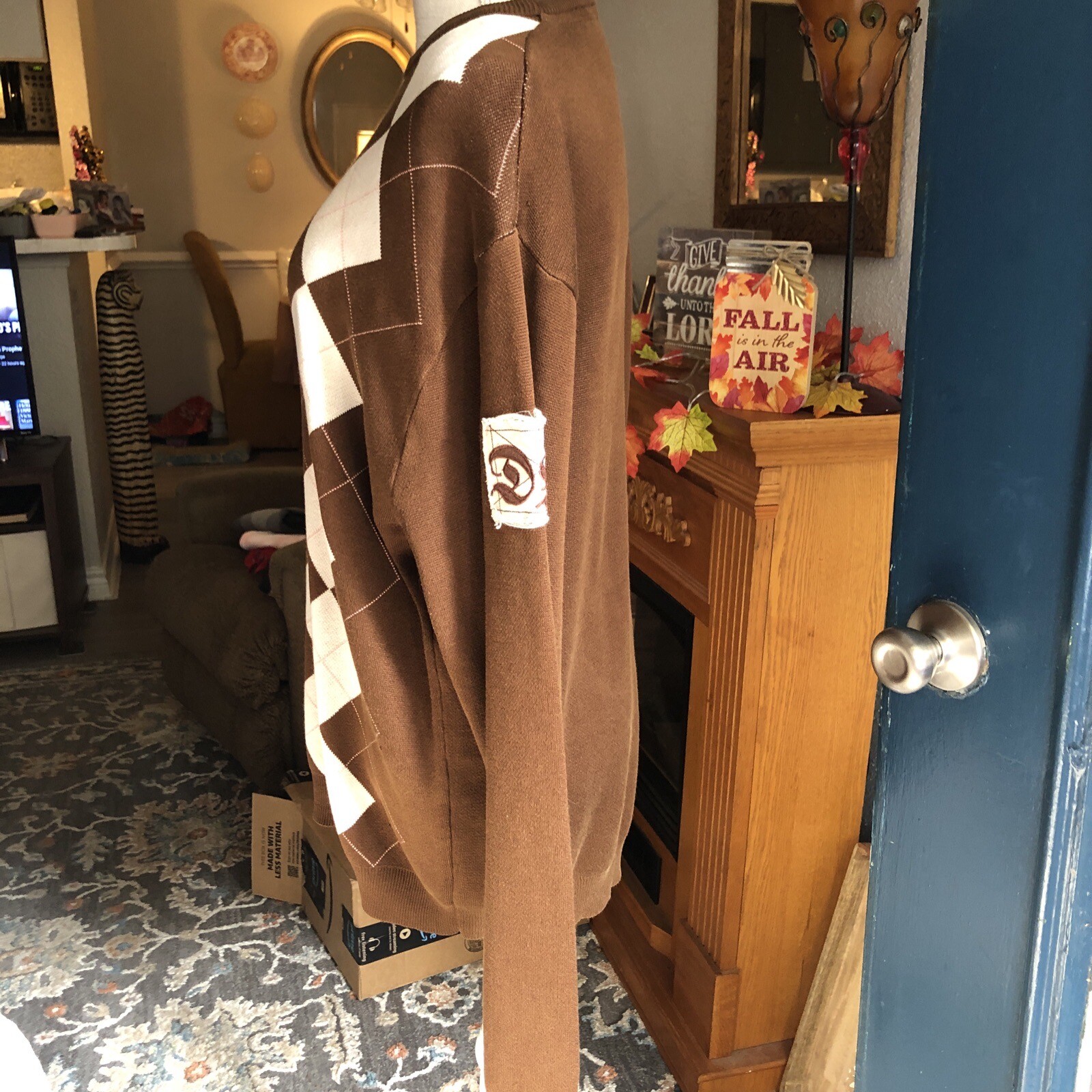 Drunknmunky Silk Argyle Sweater Brown Sz L Logo Fall (small Flaw See Pics)