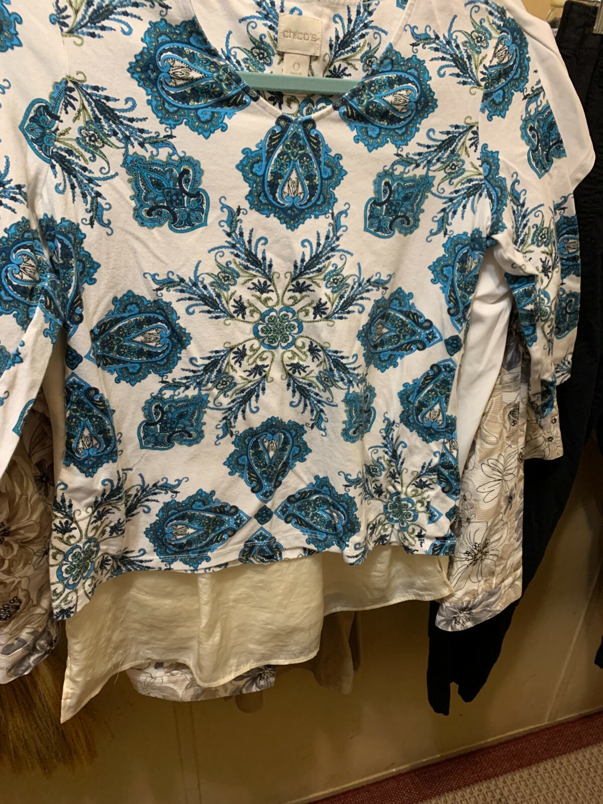 Chico’s their size 0 see chart in pics cotton blend blue paisley type print