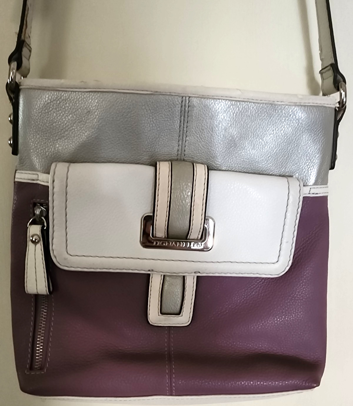 * UNIQUE * Tignanello Colorblock Leather Crossbody: Purple, White/Stone, Silver