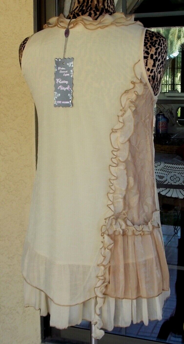 New Sleeveless Lined Lacy Ruffle Trim Silkblend Pretty Angel Tunic Shirt Sz. S