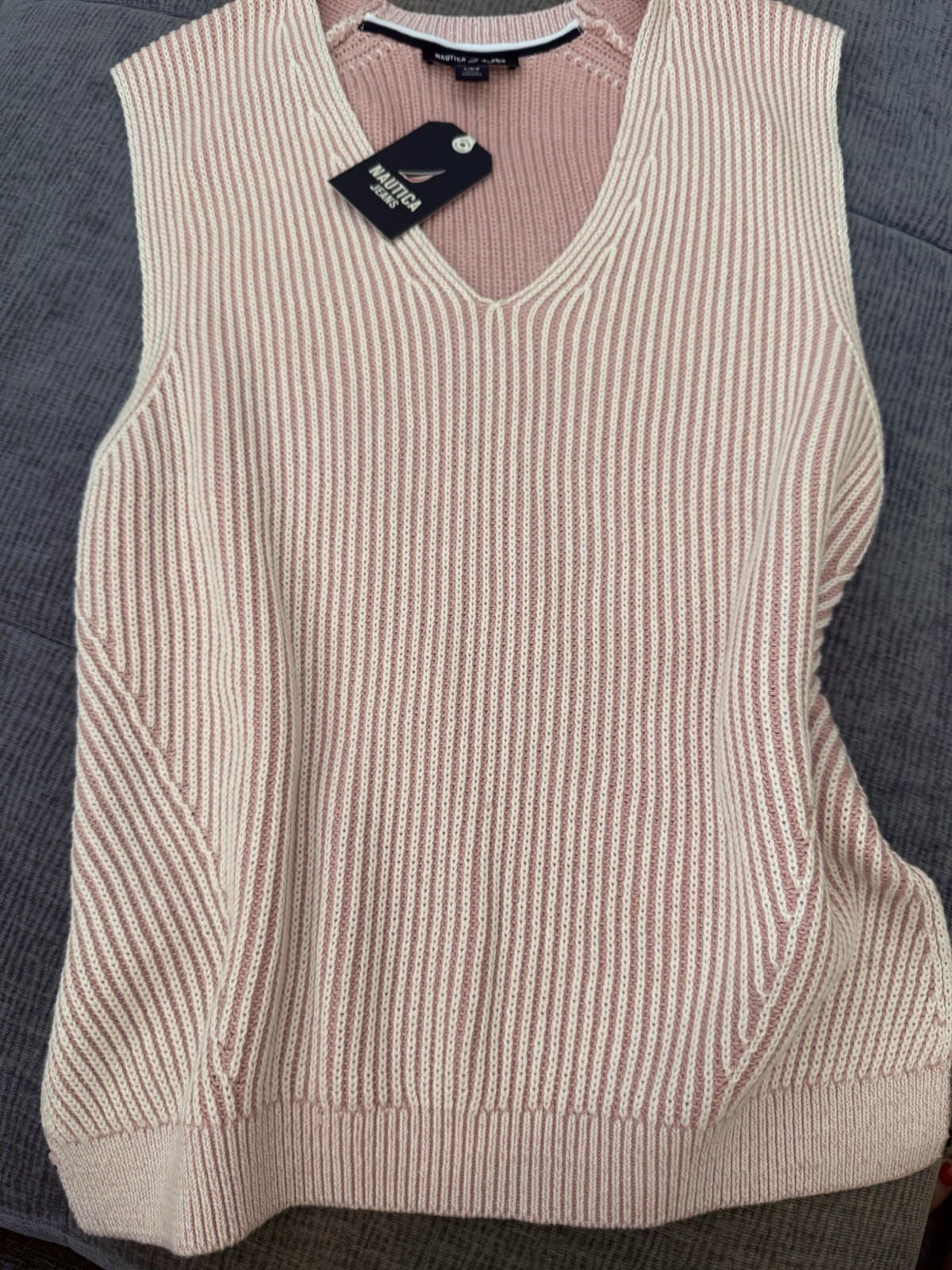 Nautica Jeans Womens Sweater Vest Rib-Knit V-Neck Striped Pink/White Size L