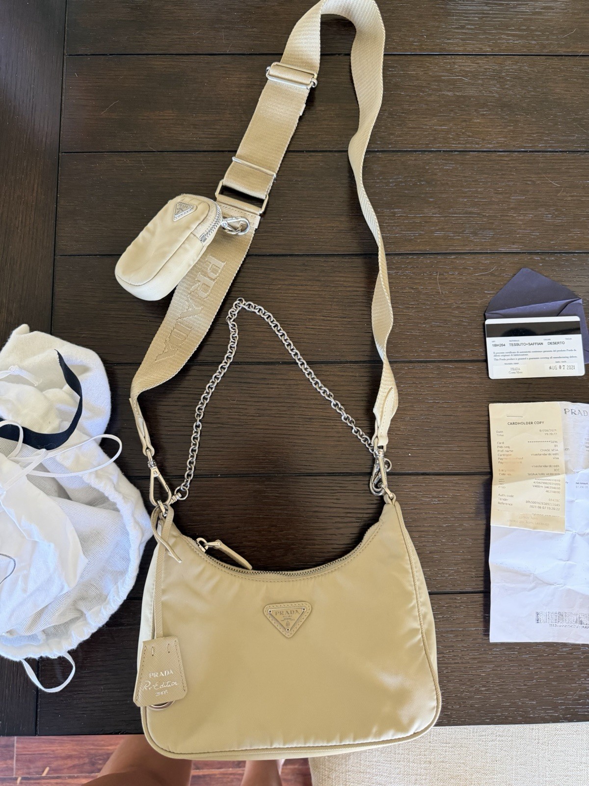 Prada Beige Nylon Shoulder Bag with Logo Strap and Chain