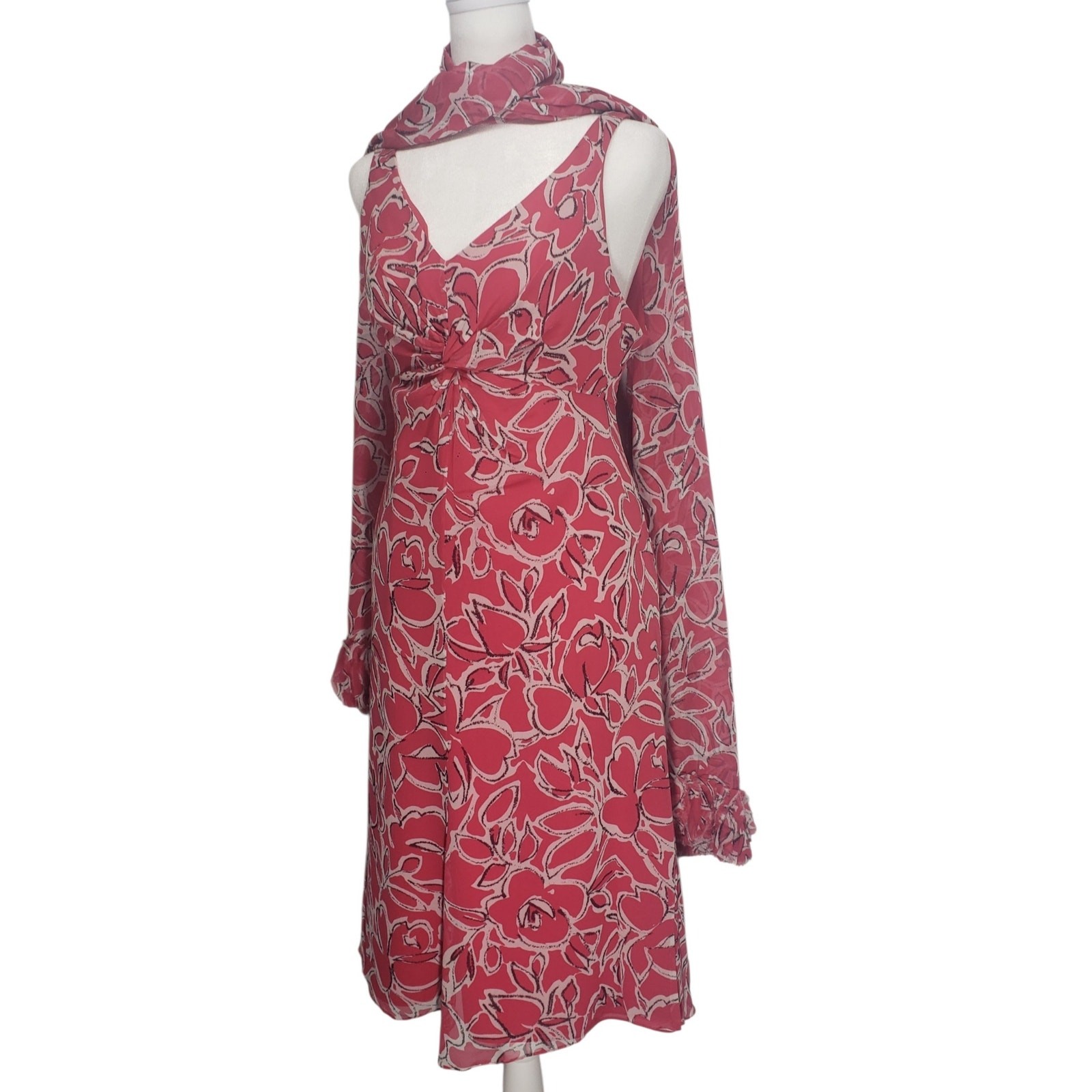 Worth New York 100% Silk Abstract Floral Dress Matching Scarf Red Pink 12